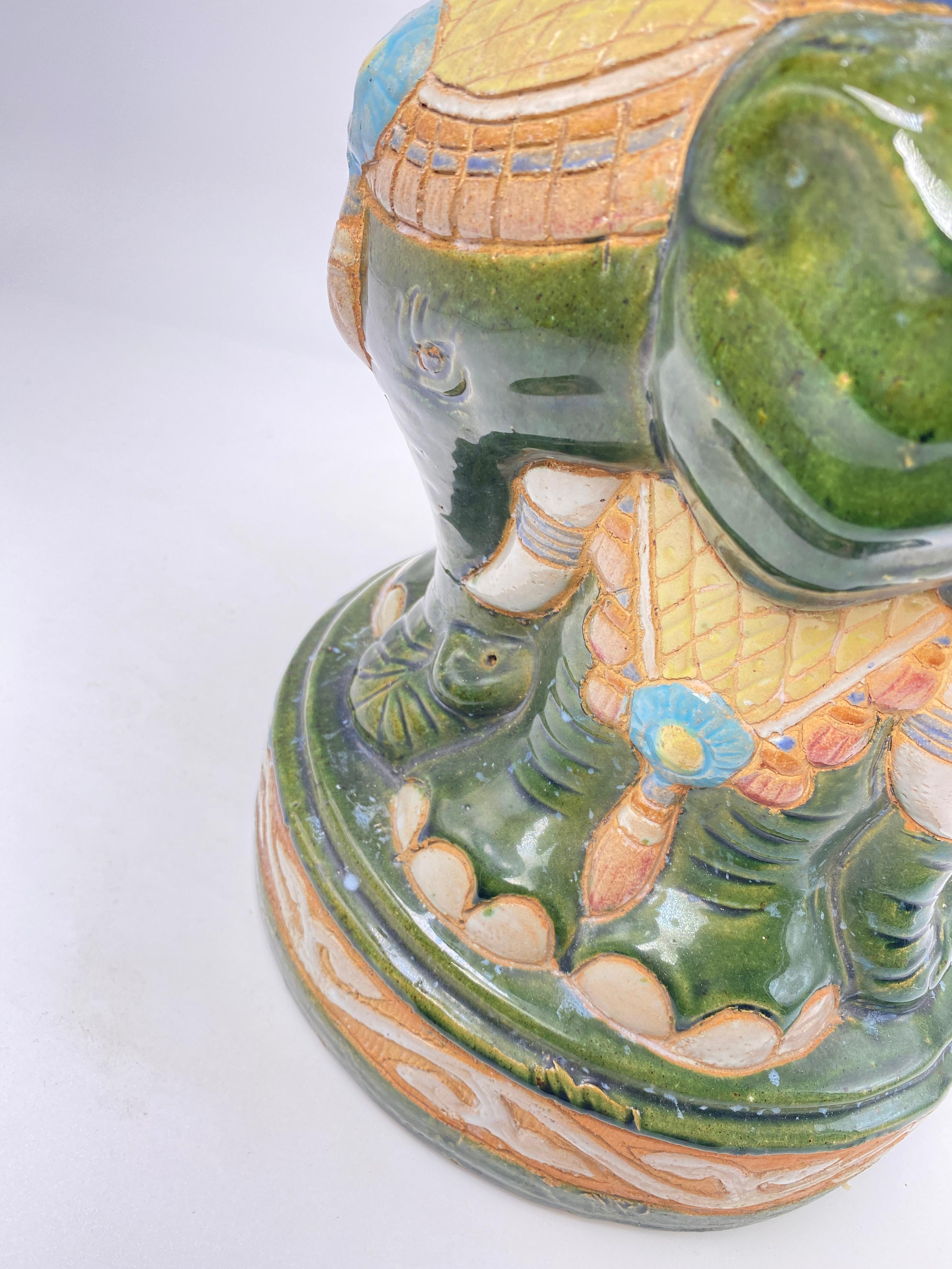 Chinese Ceramic Elephant Stool, Green Color, Plant Stand, China 20th Century