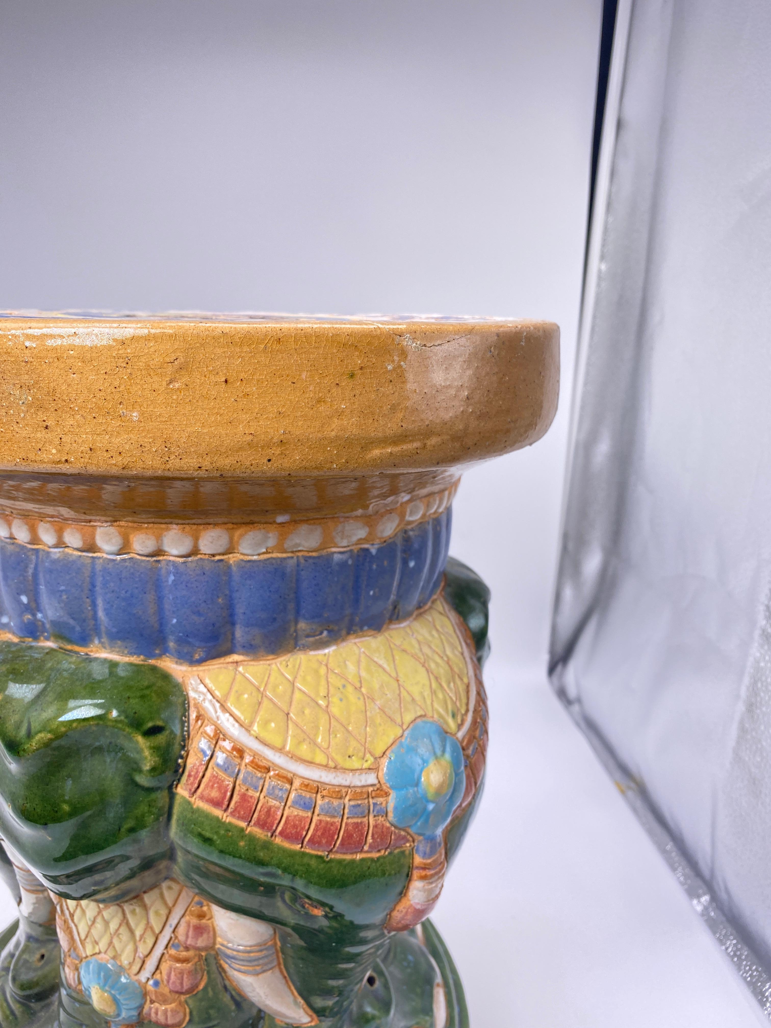 Hand-Painted Ceramic Elephant Stool, Green Color, Plant Stand, China 20th Century
