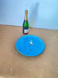Ceramic Enameled Platter, in Blue Color with Bird Pattern, France 1970