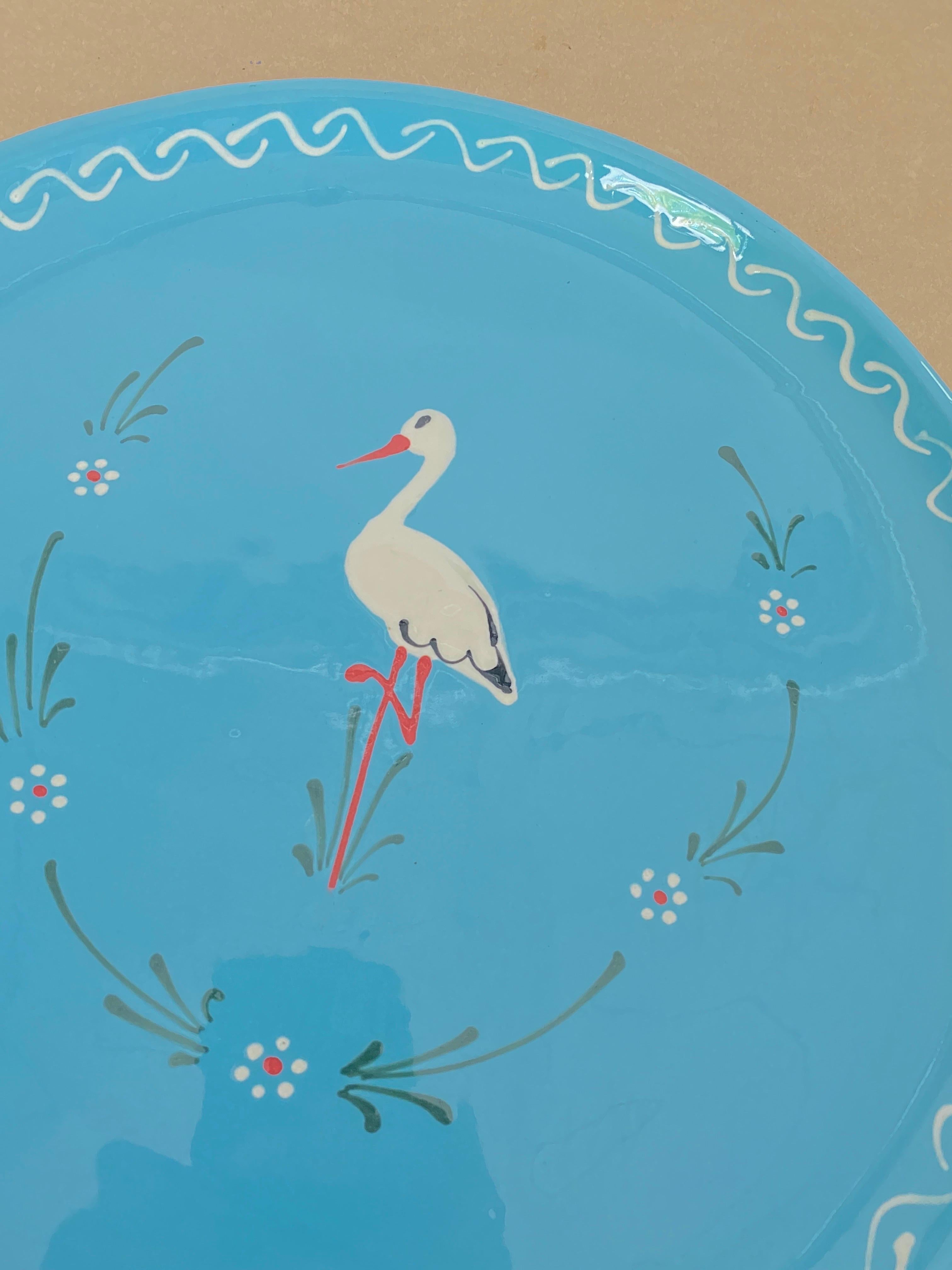 French Ceramic Enameled Platter, in Blue Color with Bird Pattern, France 1970 For Sale