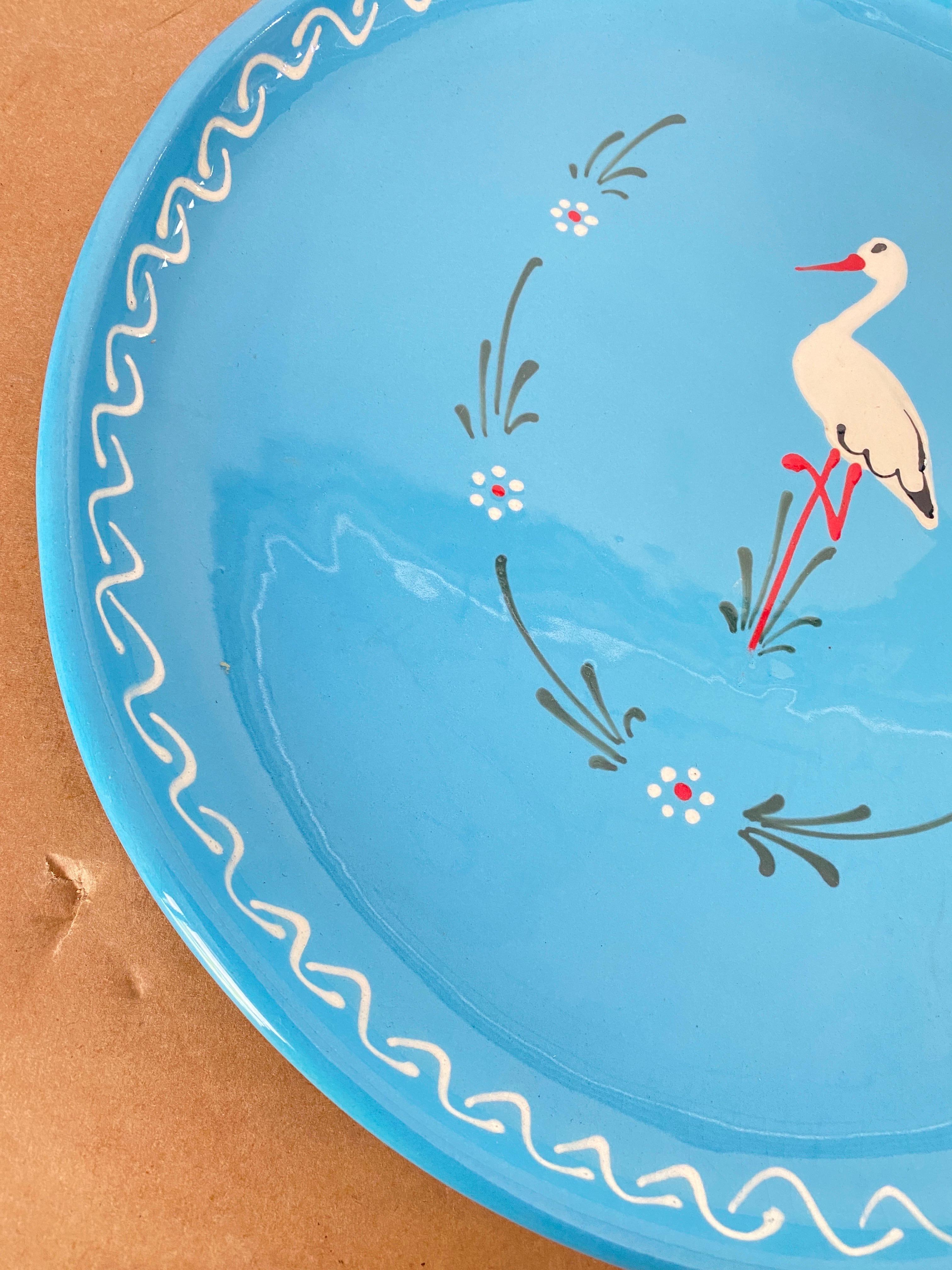 Late 20th Century Ceramic Enameled Platter, in Blue Color with Bird Pattern, France 1970 For Sale