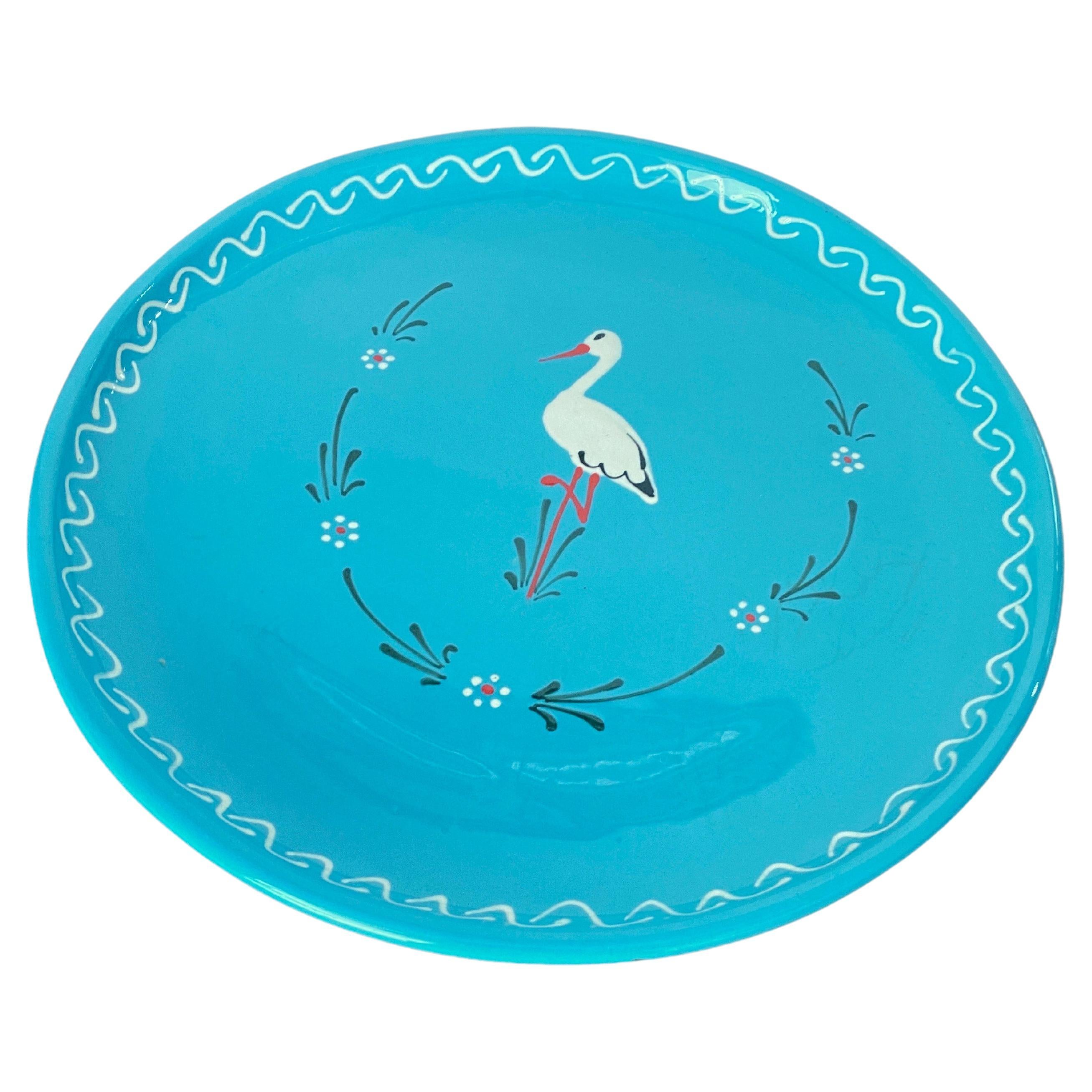 Ceramic Enameled Platter, in Blue Color with Bird Pattern, France 1970 For Sale