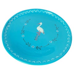 Ceramic Enameled Platter, in Blue Color with Bird Pattern, France 1970