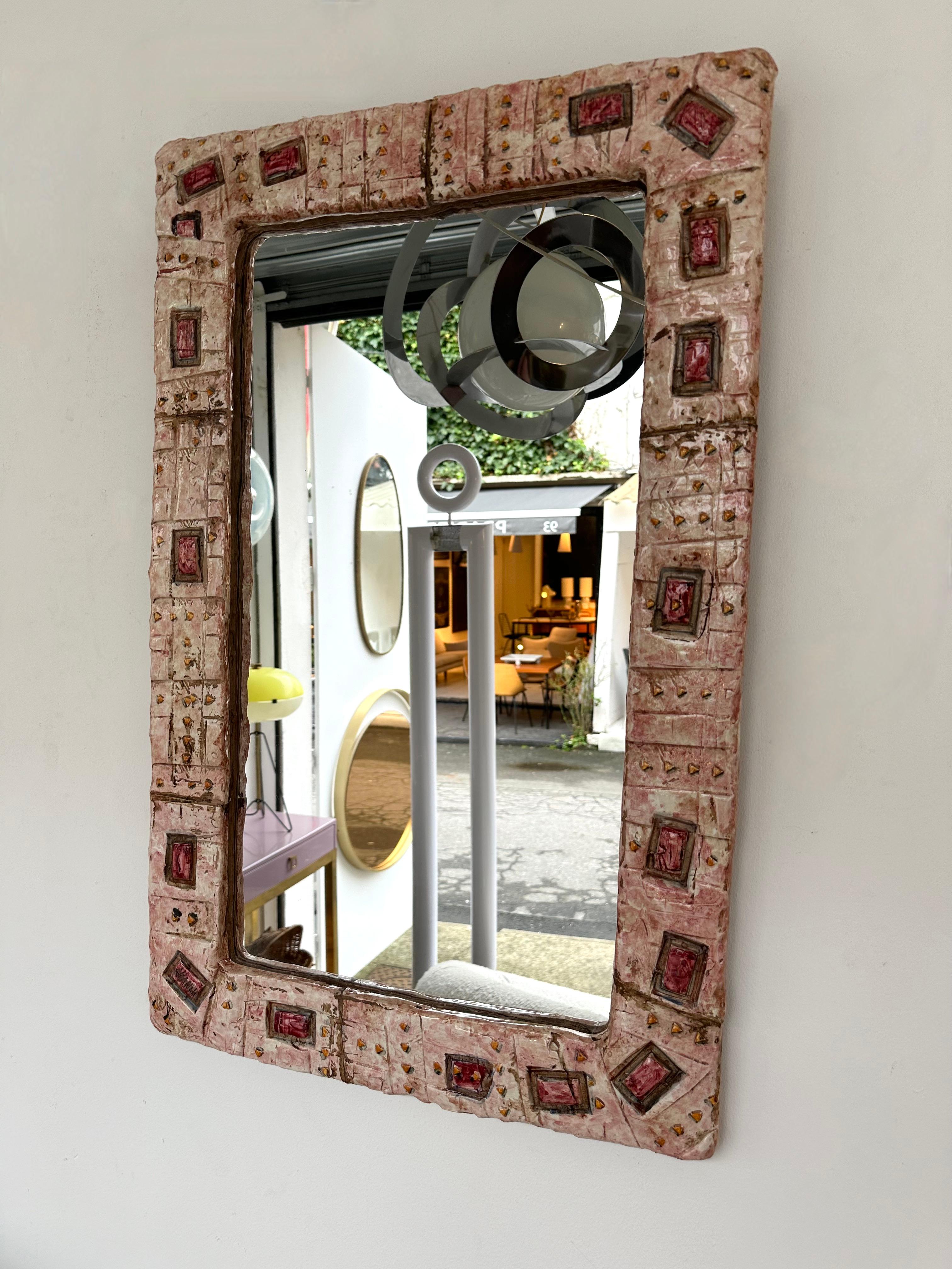 Ceramic Enameled Sculpture Mirror by Giorgio Manni. Italy, 1960s 3