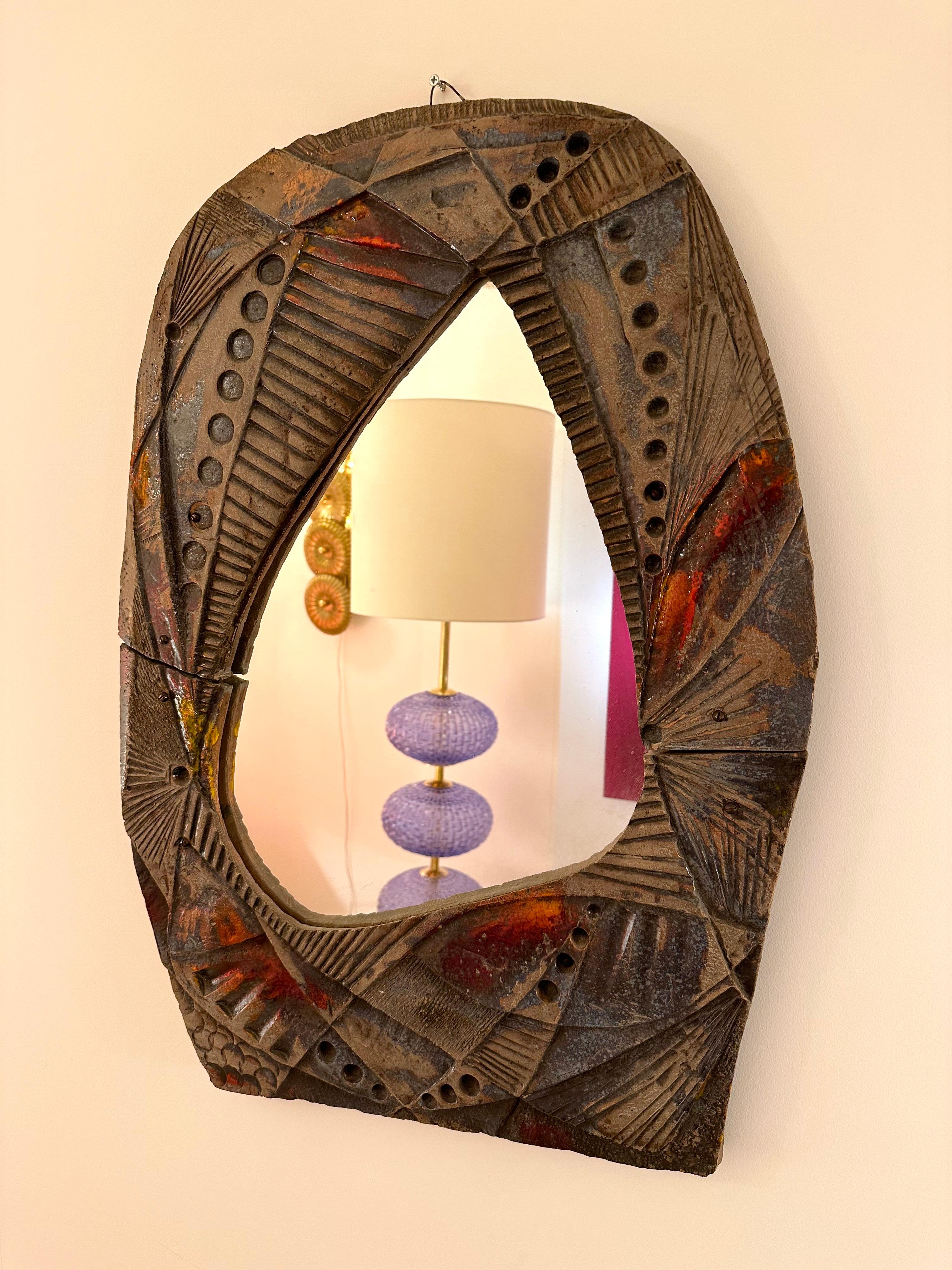 Ceramic Enameled Sculpture Mirror. Italy, 1960s For Sale 4