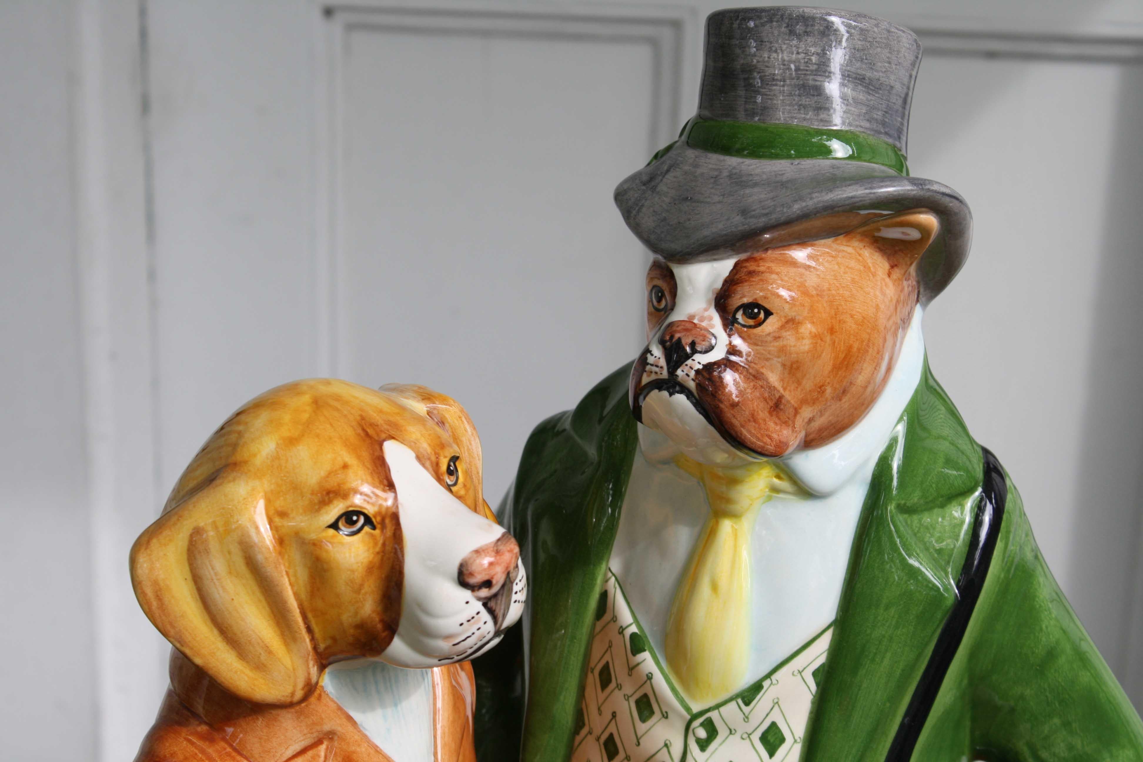 Ceramic Equestrian Canine Couple In Excellent Condition For Sale In Woodbury, CT