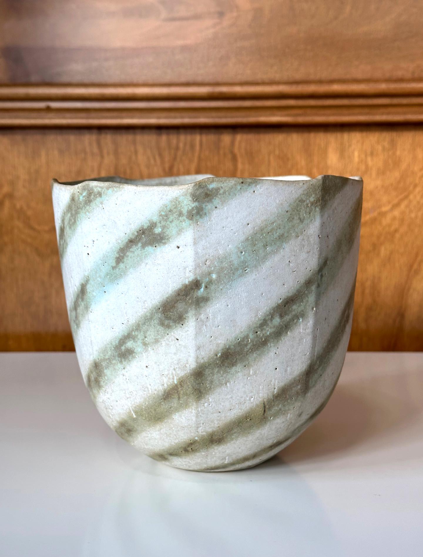 Modern Ceramic Faceted Vessel with Striped Glaze by John Ward For Sale