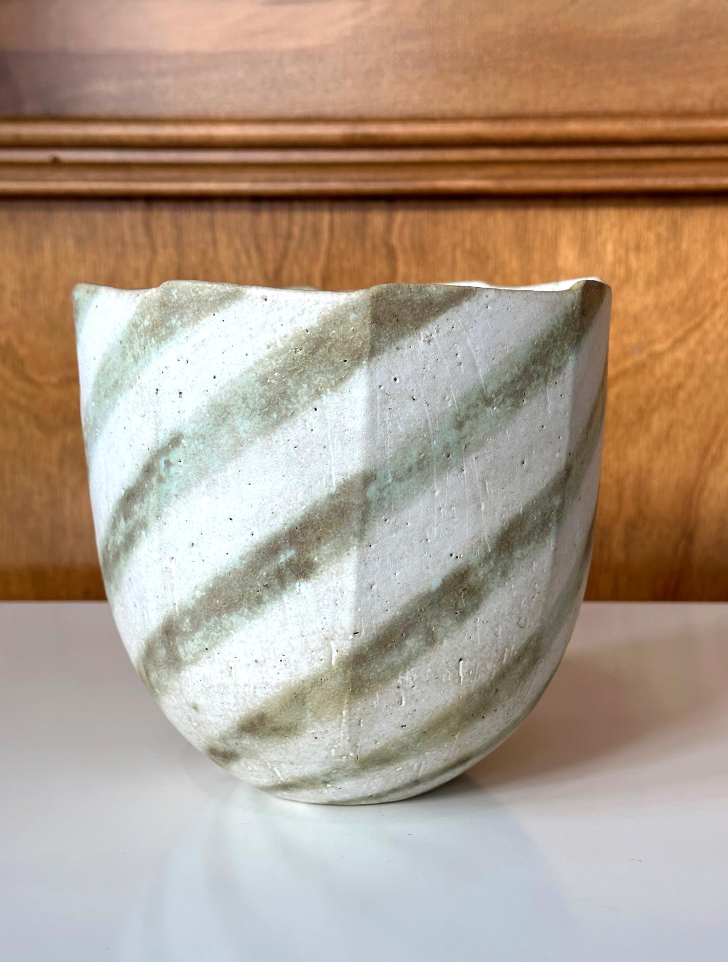 English Ceramic Faceted Vessel with Striped Glaze by John Ward For Sale