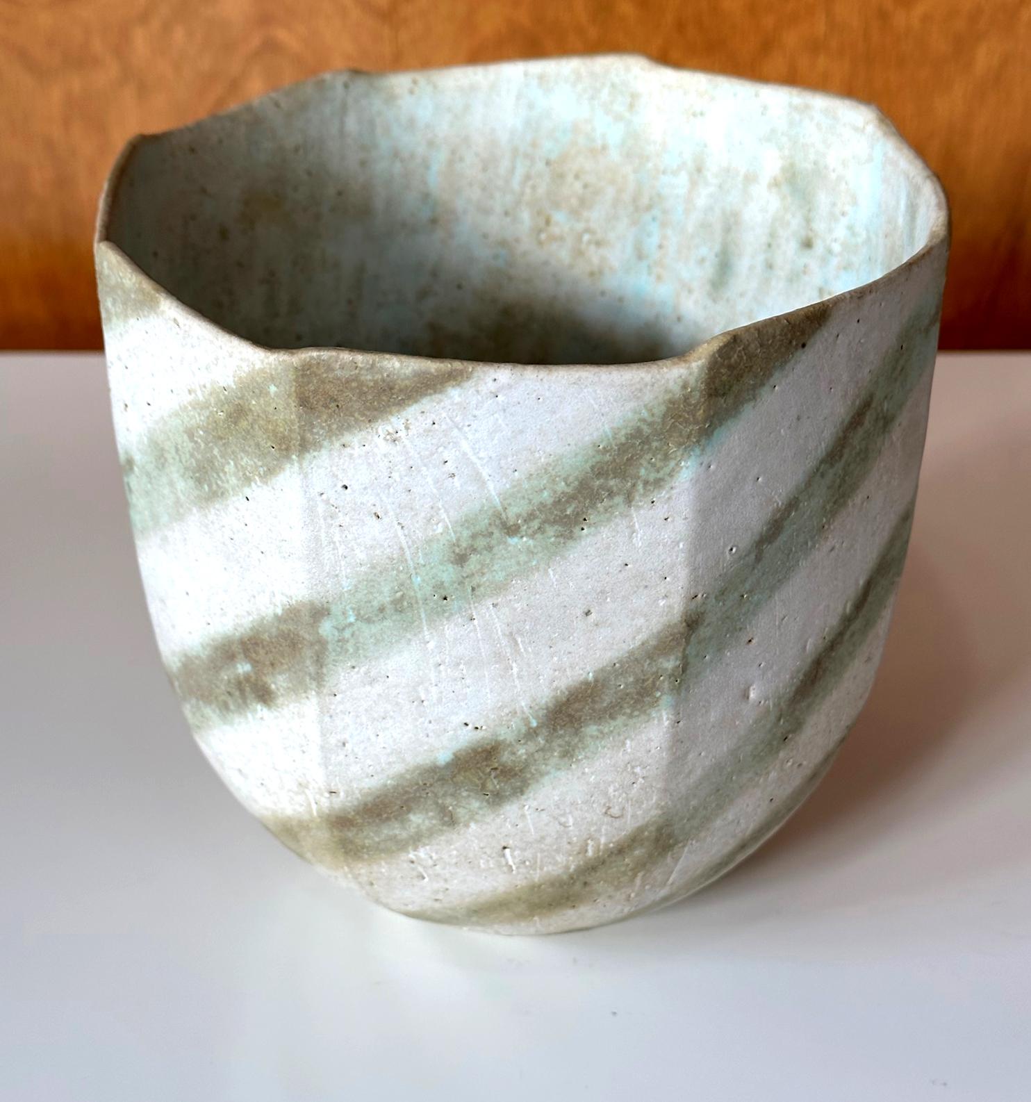 Glazed Ceramic Faceted Vessel with Striped Glaze by John Ward For Sale