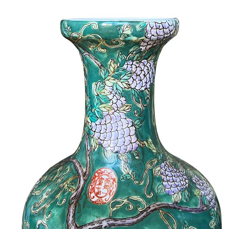 Ceramic Famille Verte Green Ceramic Chinoiserie Floral Motif Gord Vases, a Pair In Good Condition For Sale In Oklahoma City, OK