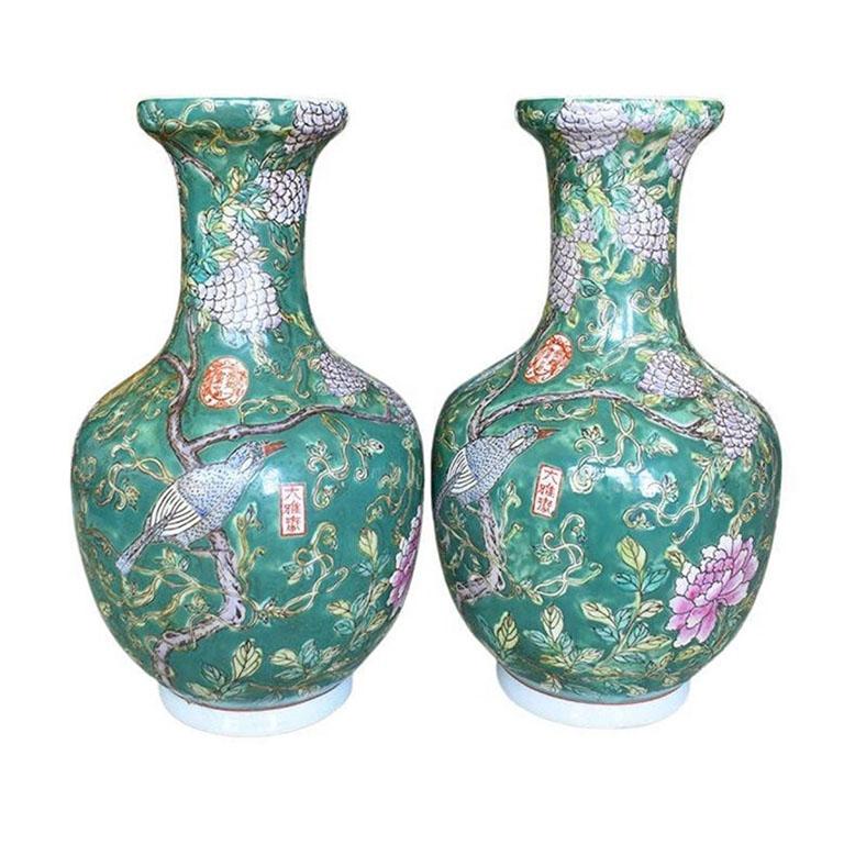 20th Century Ceramic Famille Verte Green Ceramic Chinoiserie Floral Motif Gord Vases, a Pair For Sale