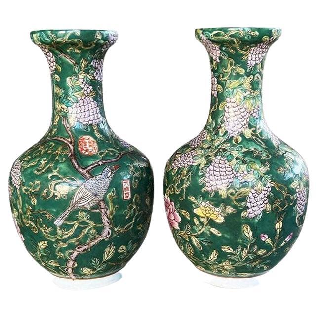 Ceramic Famille Verte Green Ceramic Chinoiserie Floral Motif Gord Vases, a Pair For Sale