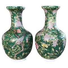 Ceramic Famille Verte Green Ceramic Chinoiserie Floral Motif Gord Vases, a Pair