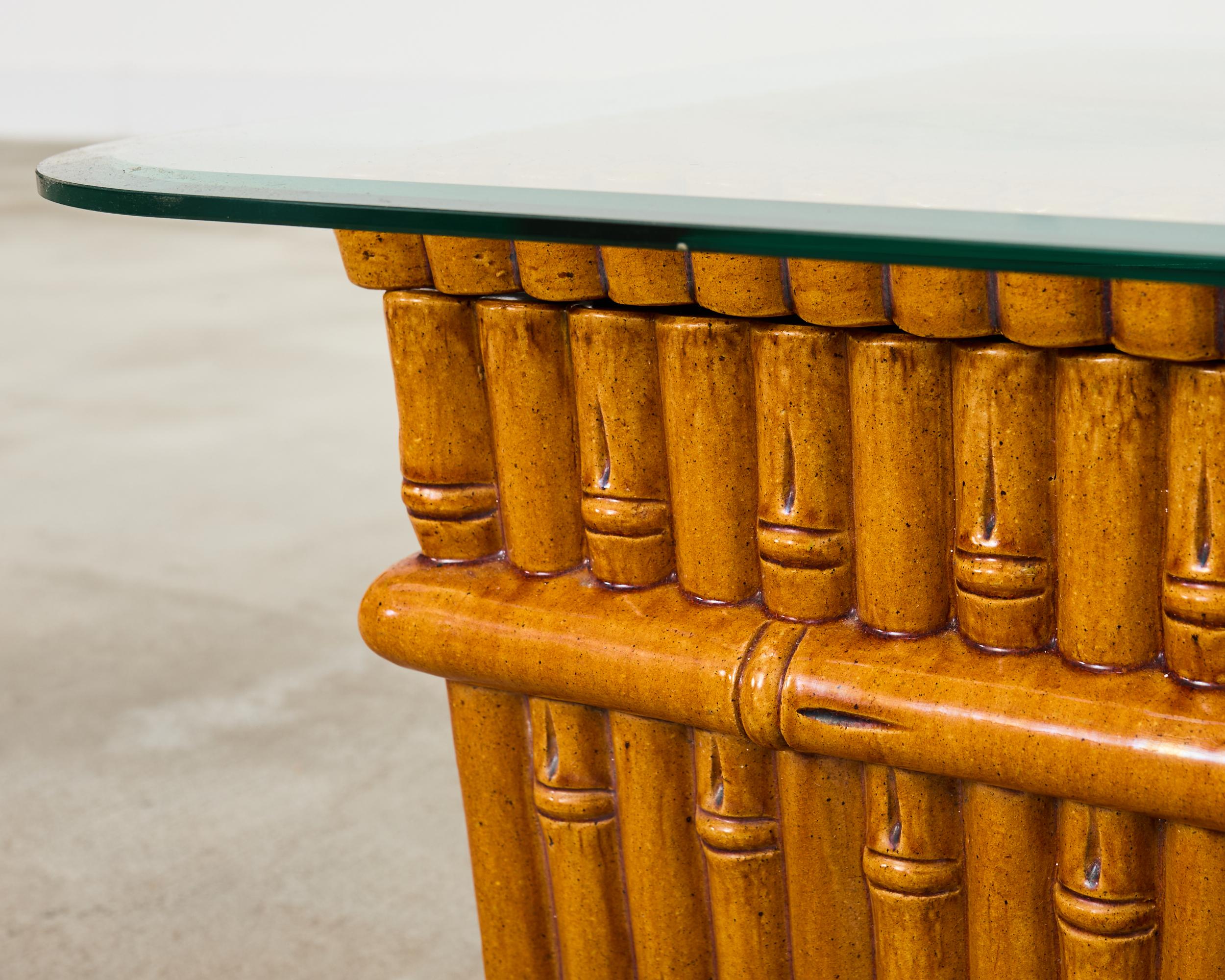 Ceramic Faux Bamboo Planter Glass Top Cocktail Table For Sale 4