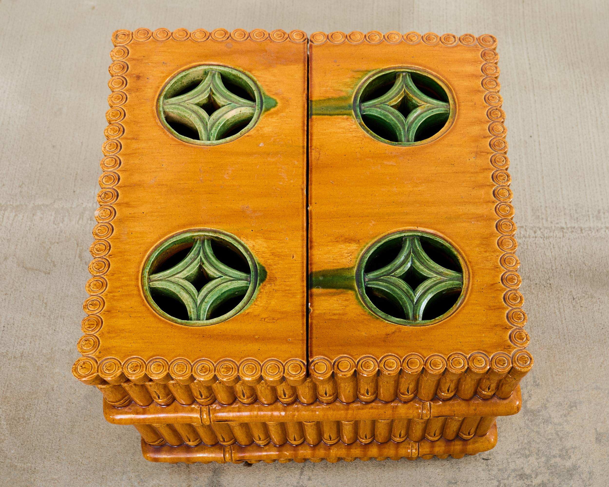 Ceramic Faux Bamboo Planter Glass Top Cocktail Table For Sale 5