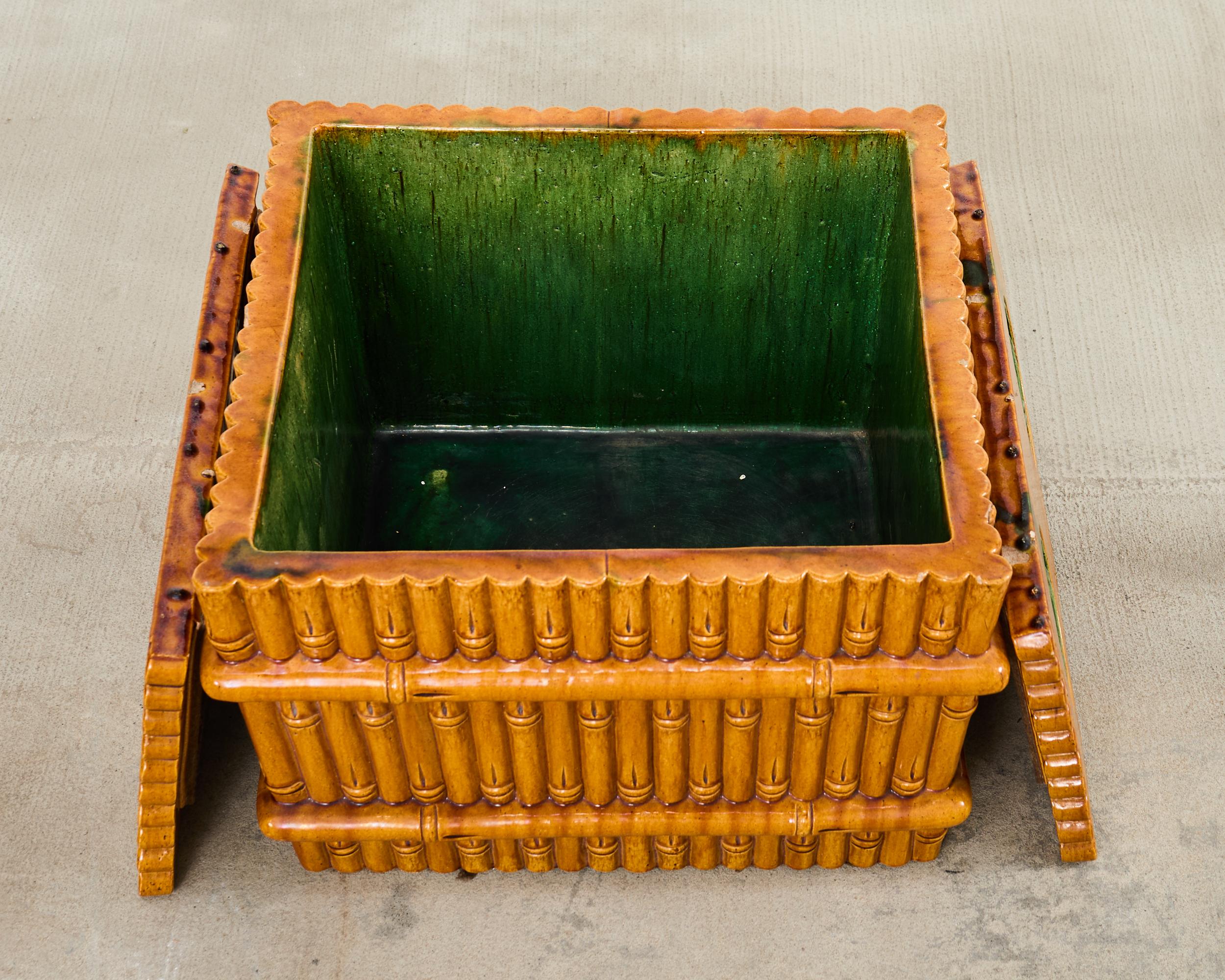 Ceramic Faux Bamboo Planter Glass Top Cocktail Table For Sale 8