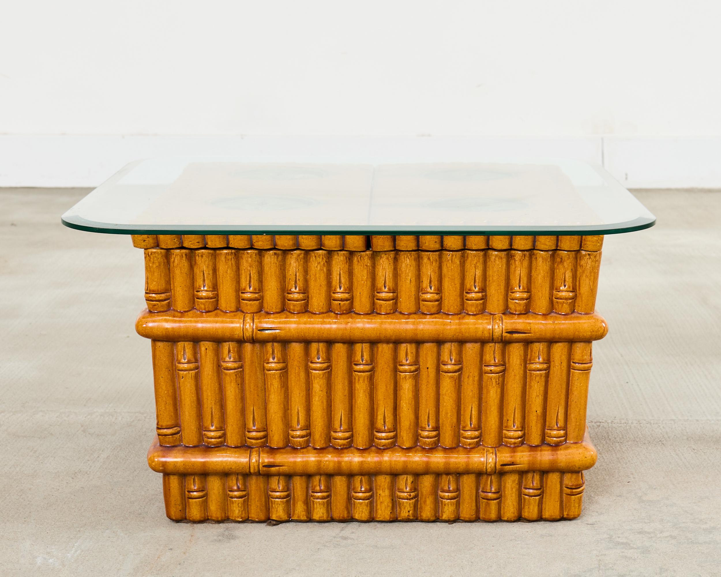Ceramic Faux Bamboo Planter Glass Top Cocktail Table For Sale 11