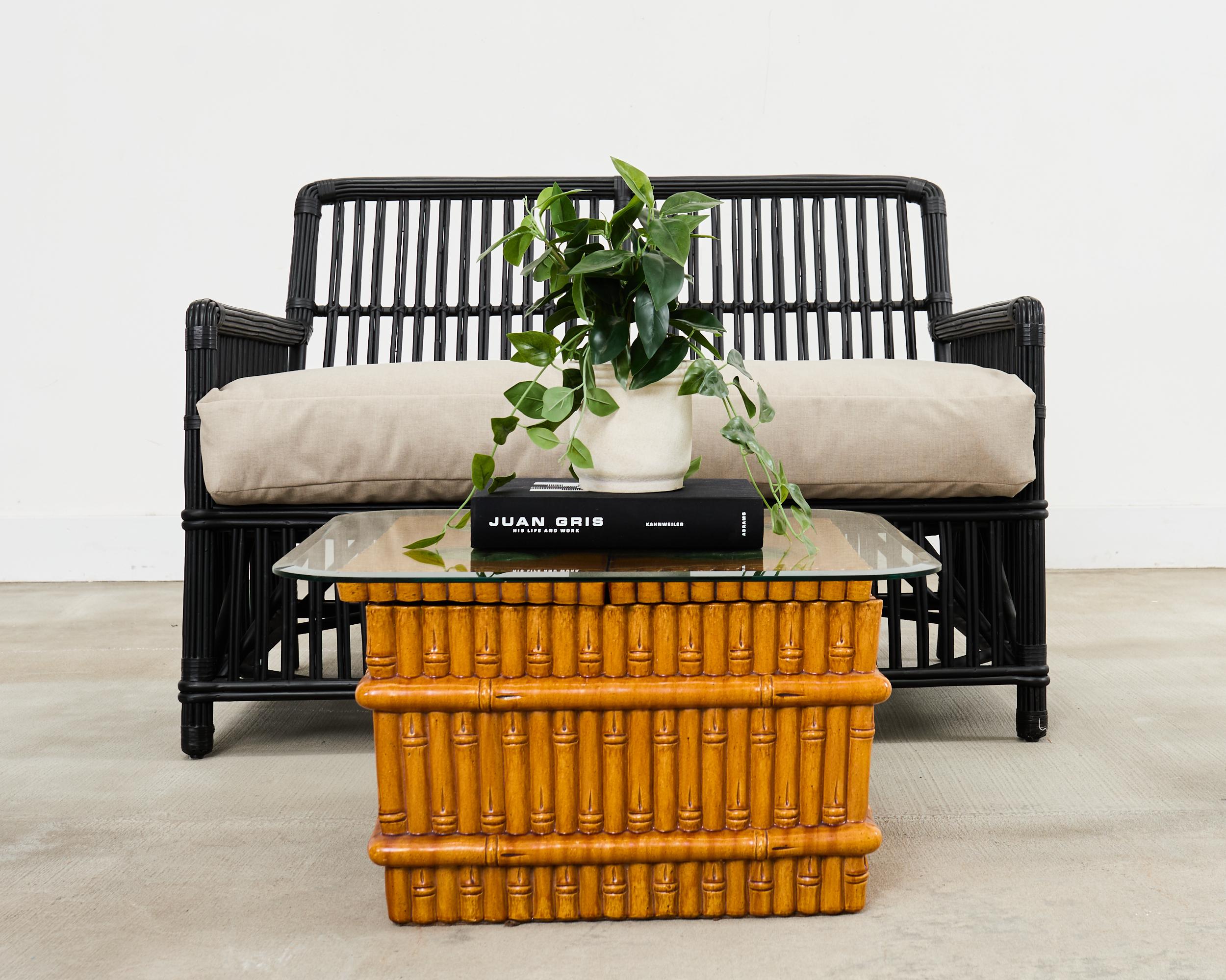 Striking Asian style style ceramic planter or jardinaire box with removable top panels featuring a square shaped pane of glass on top. The ceramic frame is heavy and solid with 1 inch thick sides and top. The exterior has a decorative faux bamboo
