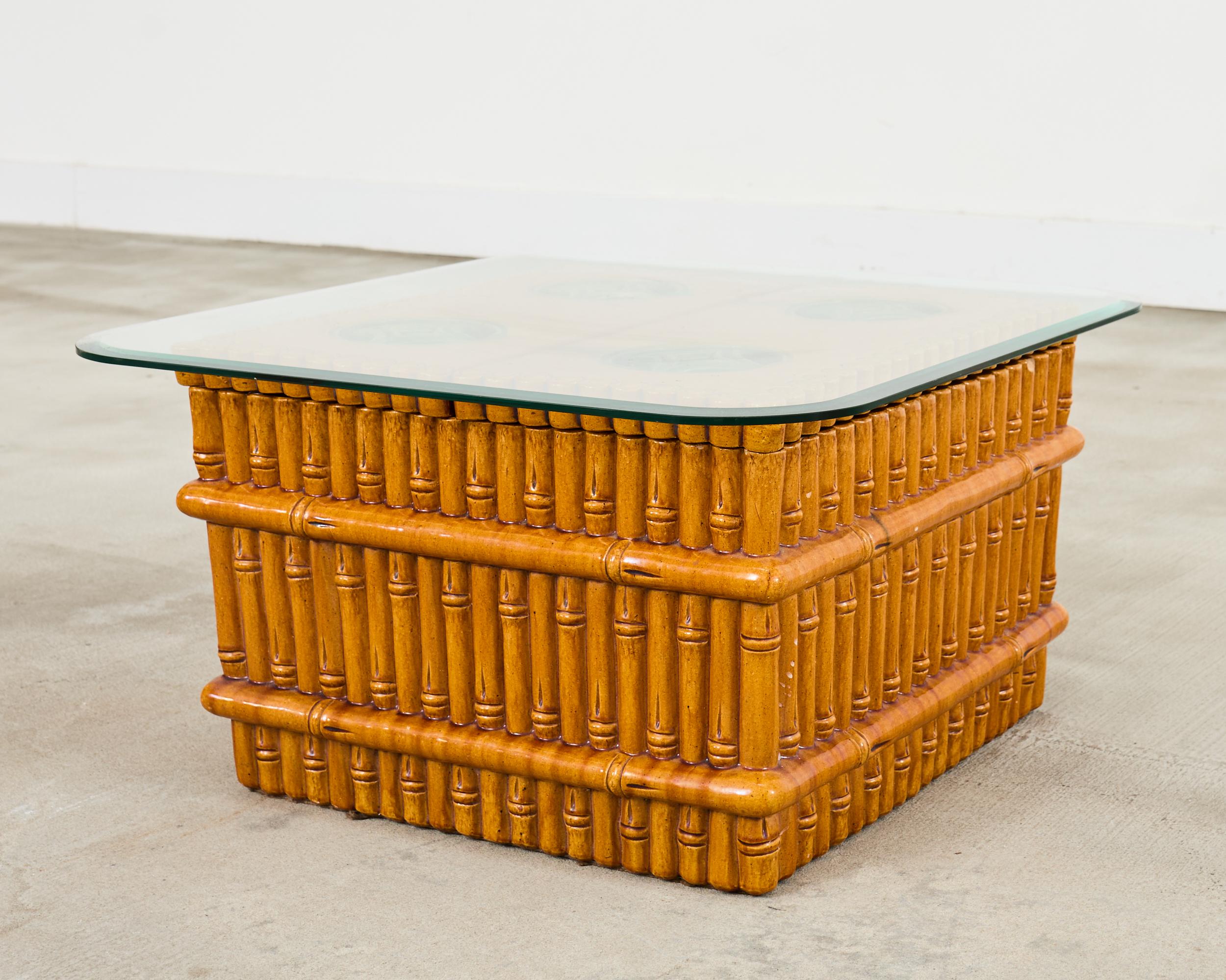 Qing Ceramic Faux Bamboo Planter Glass Top Cocktail Table For Sale