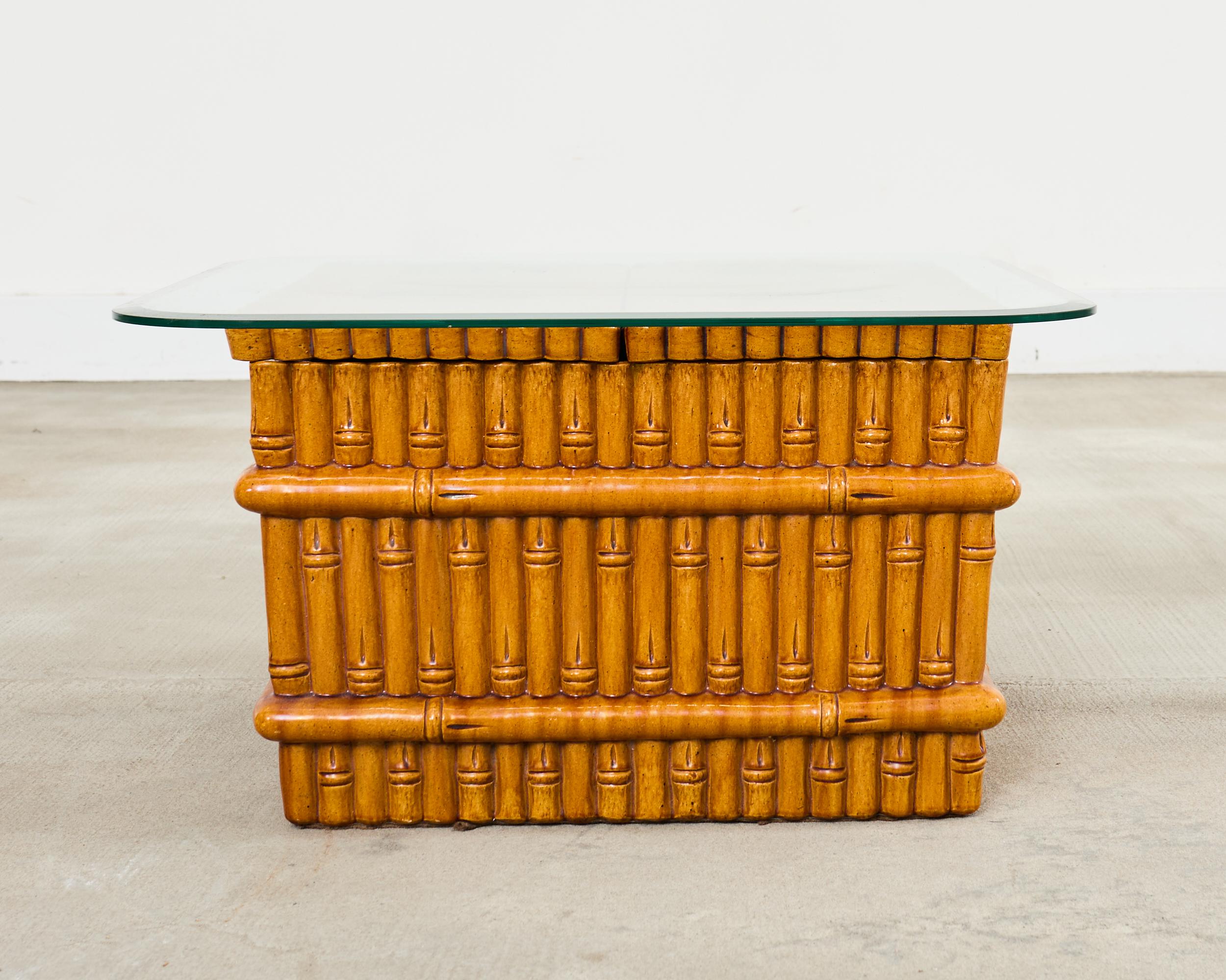 Beveled Ceramic Faux Bamboo Planter Glass Top Cocktail Table For Sale