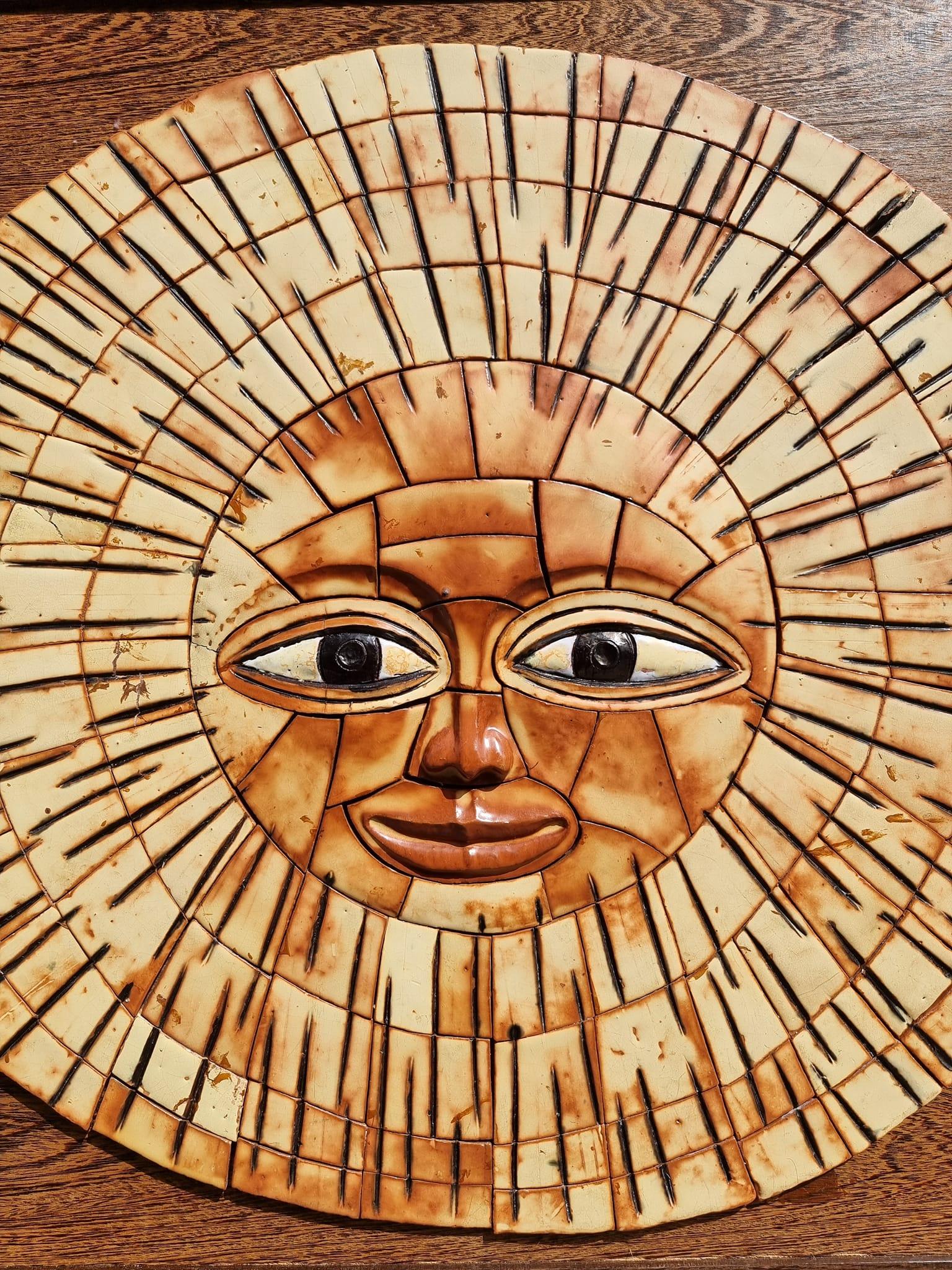 Mid-Century Modern Ceramic Figural Moon Sun Face Wall Hanging Sunburst Sculpture For Sale