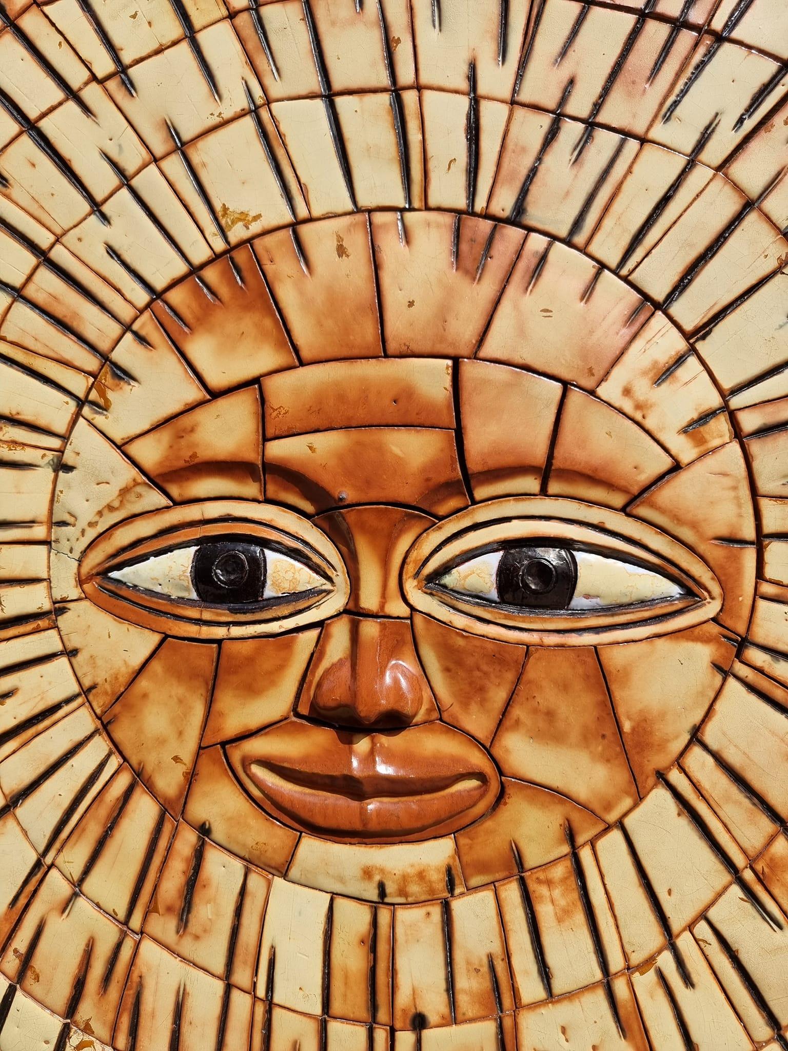 Belgian Ceramic Figural Moon Sun Face Wall Hanging Sunburst Sculpture For Sale
