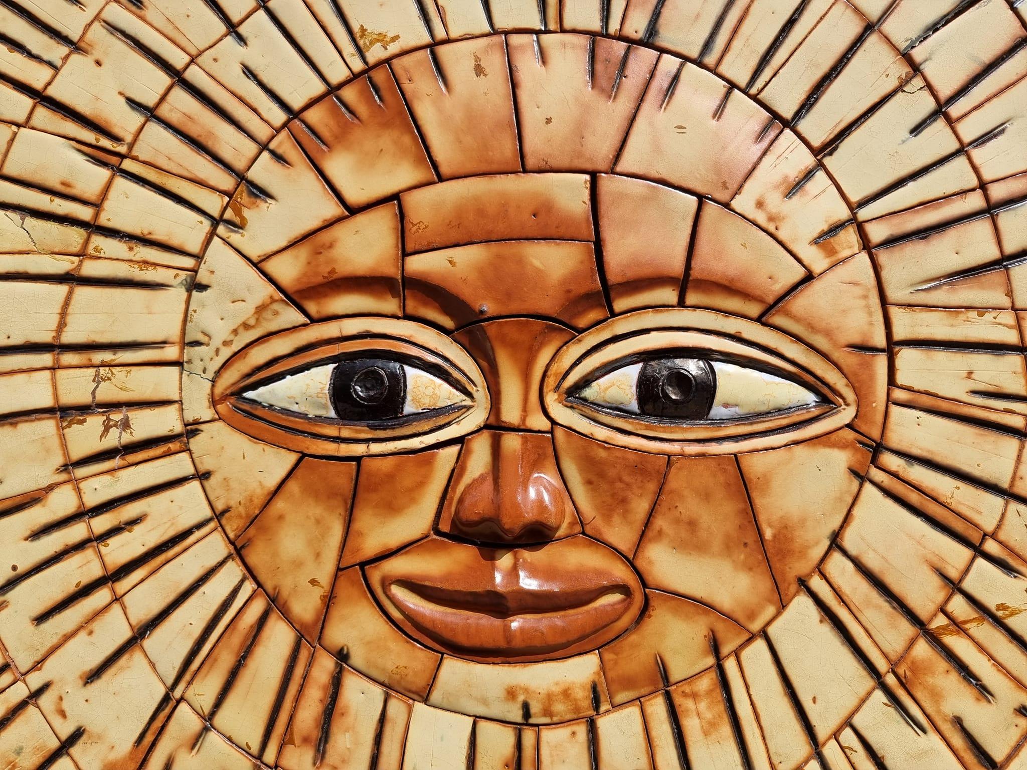Glazed Ceramic Figural Moon Sun Face Wall Hanging Sunburst Sculpture For Sale