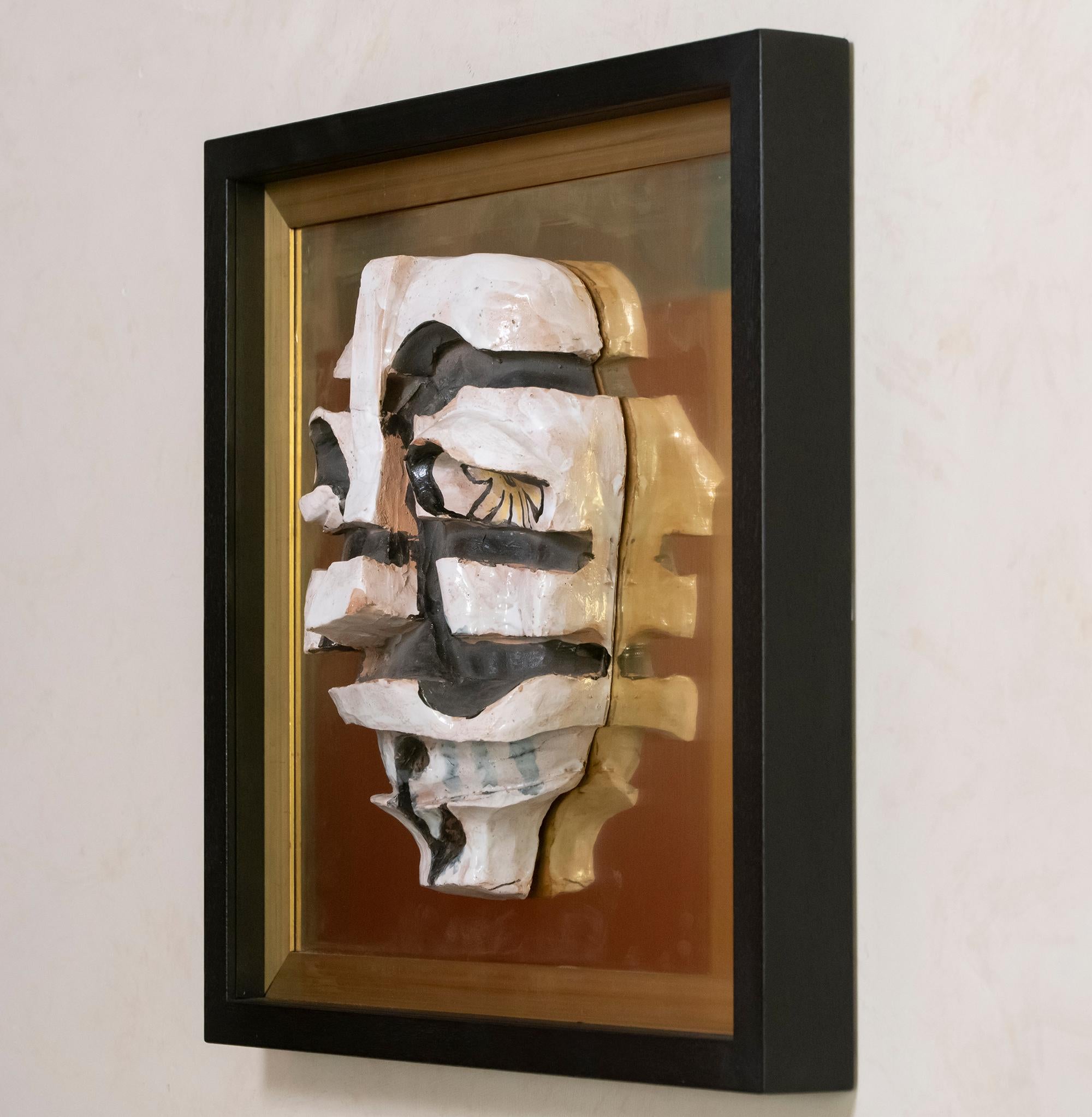 Italian Ceramic Figurative Wall Art on Natural Brass and Wood Frame, Italy, 1970s