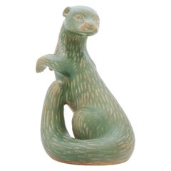 Vintage Ceramic Figurine Green Ferret, Gunnar Nylund, Rörstrand, 1950-1960s