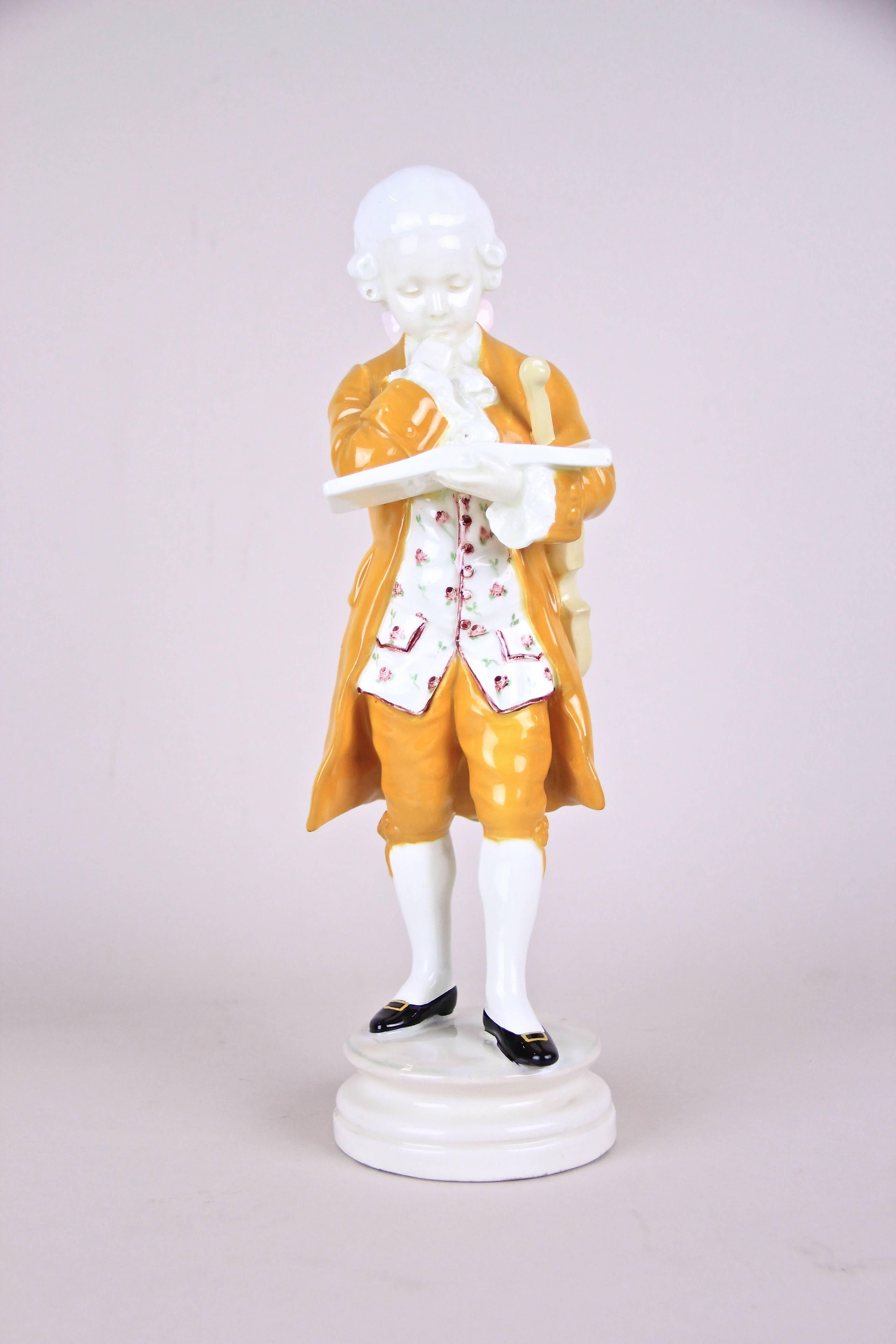 Made in the world famous ceramic manufacture Goldscheider in Vienna, circa 1915 we offer you this charming well known figurine of young Mozart with his violin. Goldscheider made this sculpture with high attention to details - just watch the