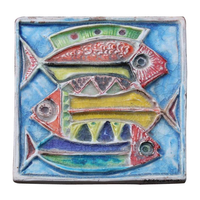 Céramique poisson Giovanni de Simone 1971 multicolore style Picasso en vente