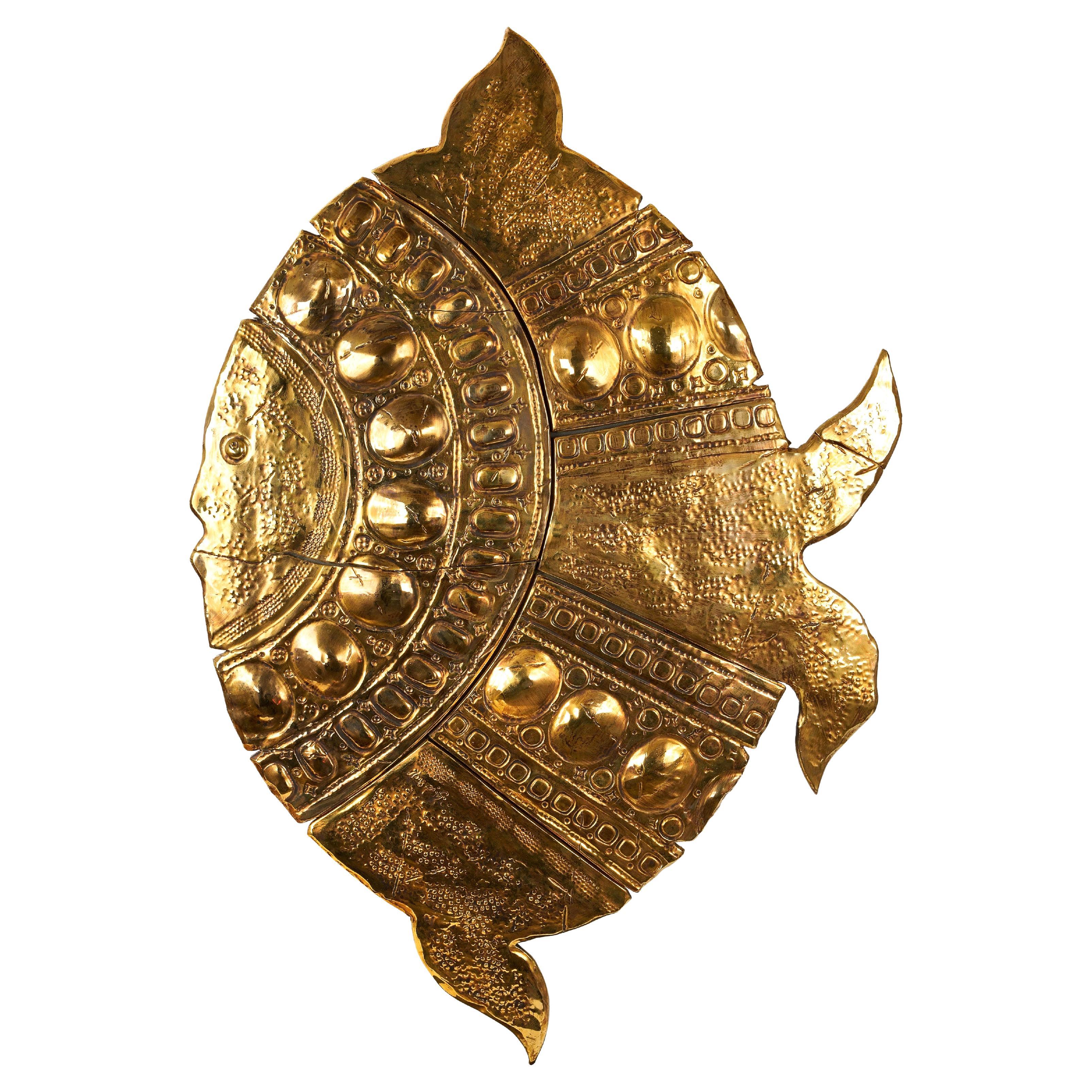 Sculpture en céramique représentant un poisson, piédestal ou applique murale en or 24 carats, unique, Italie en vente