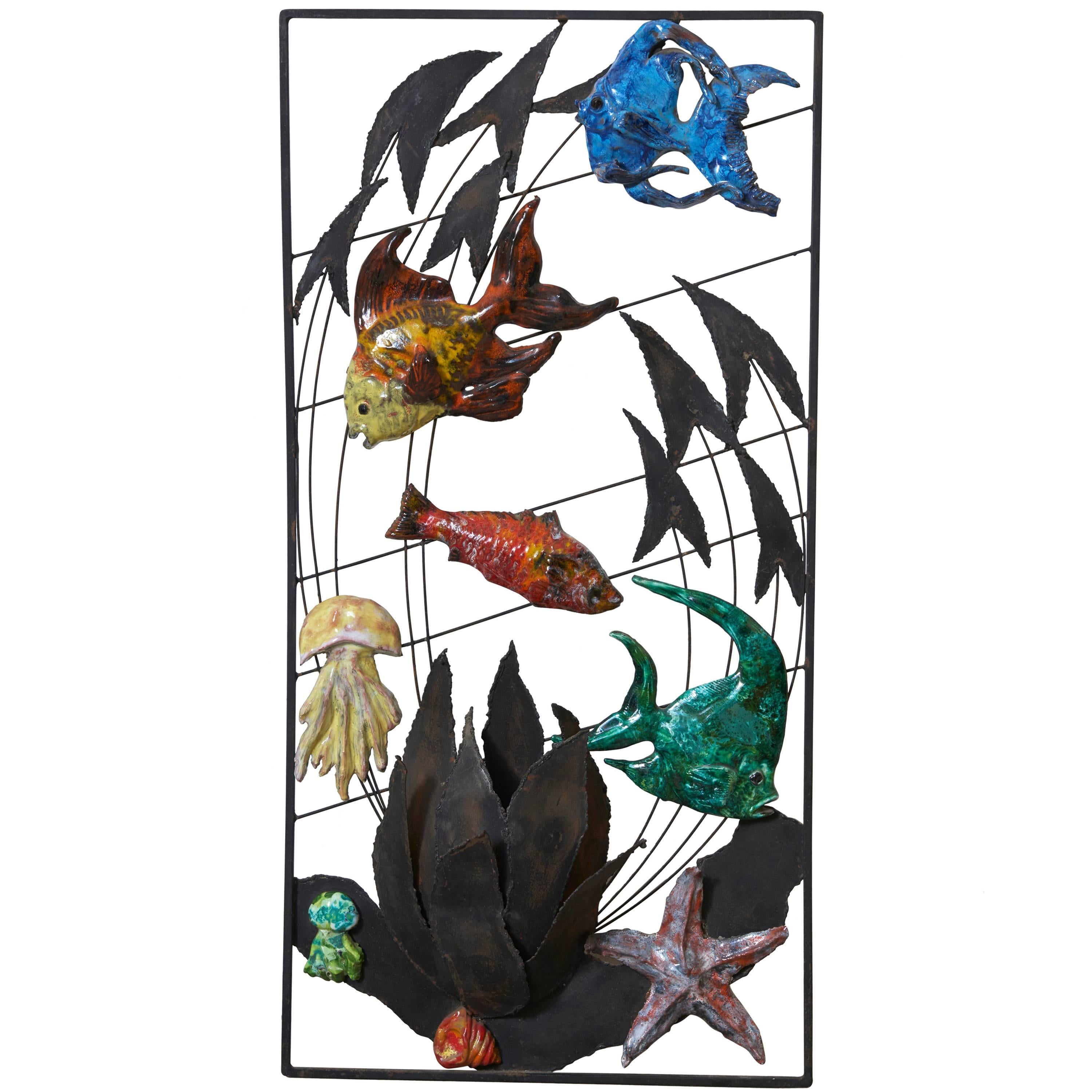 Ceramic Fish Sculpture in Iron Hanging Wall Mount Relief Artwork, Italy, 1960s