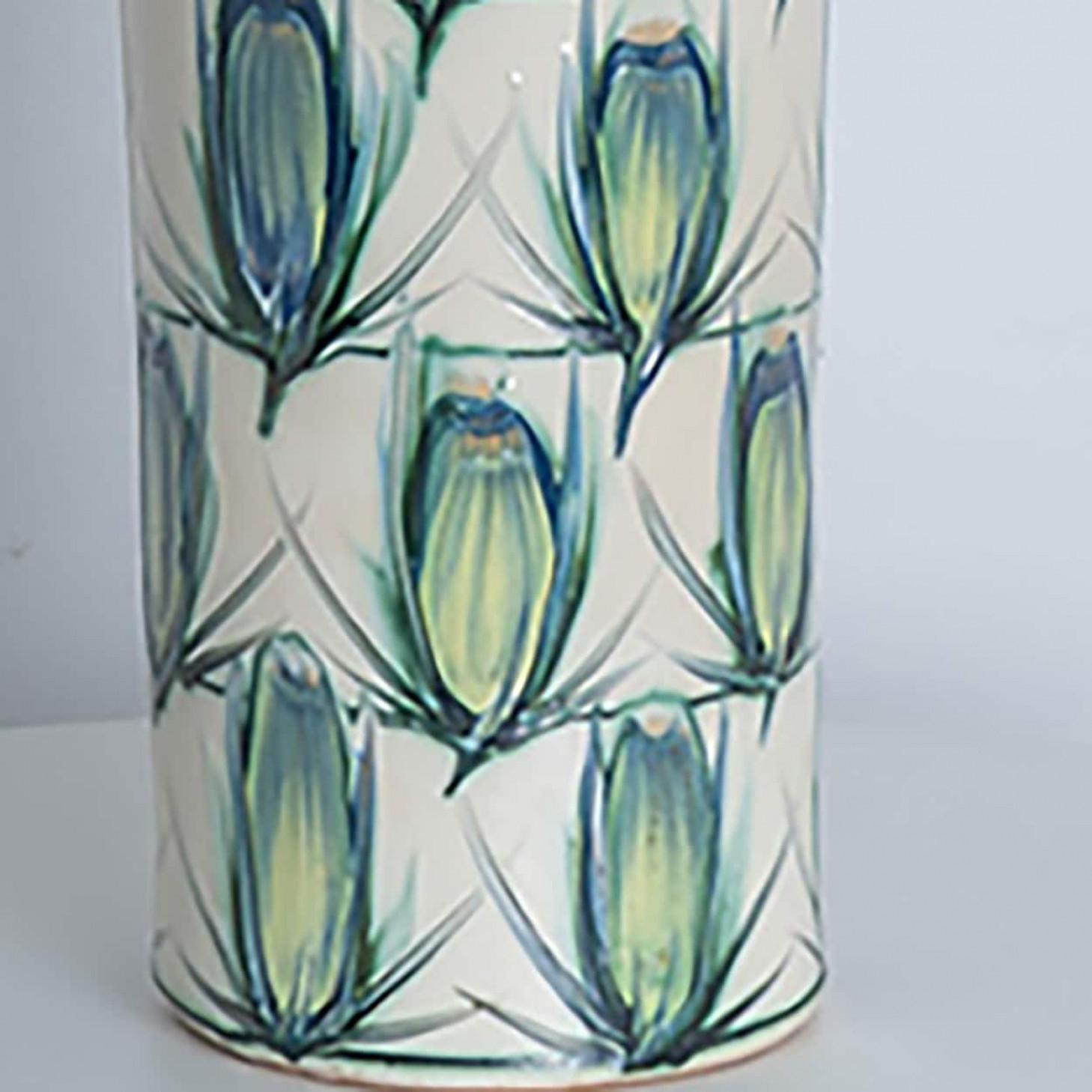 Ceramic Floor Table Lamp Blue Green, Green Blue Silk Lampshade by R. Houben im Zustand „Gut“ im Angebot in Rijssen, NL