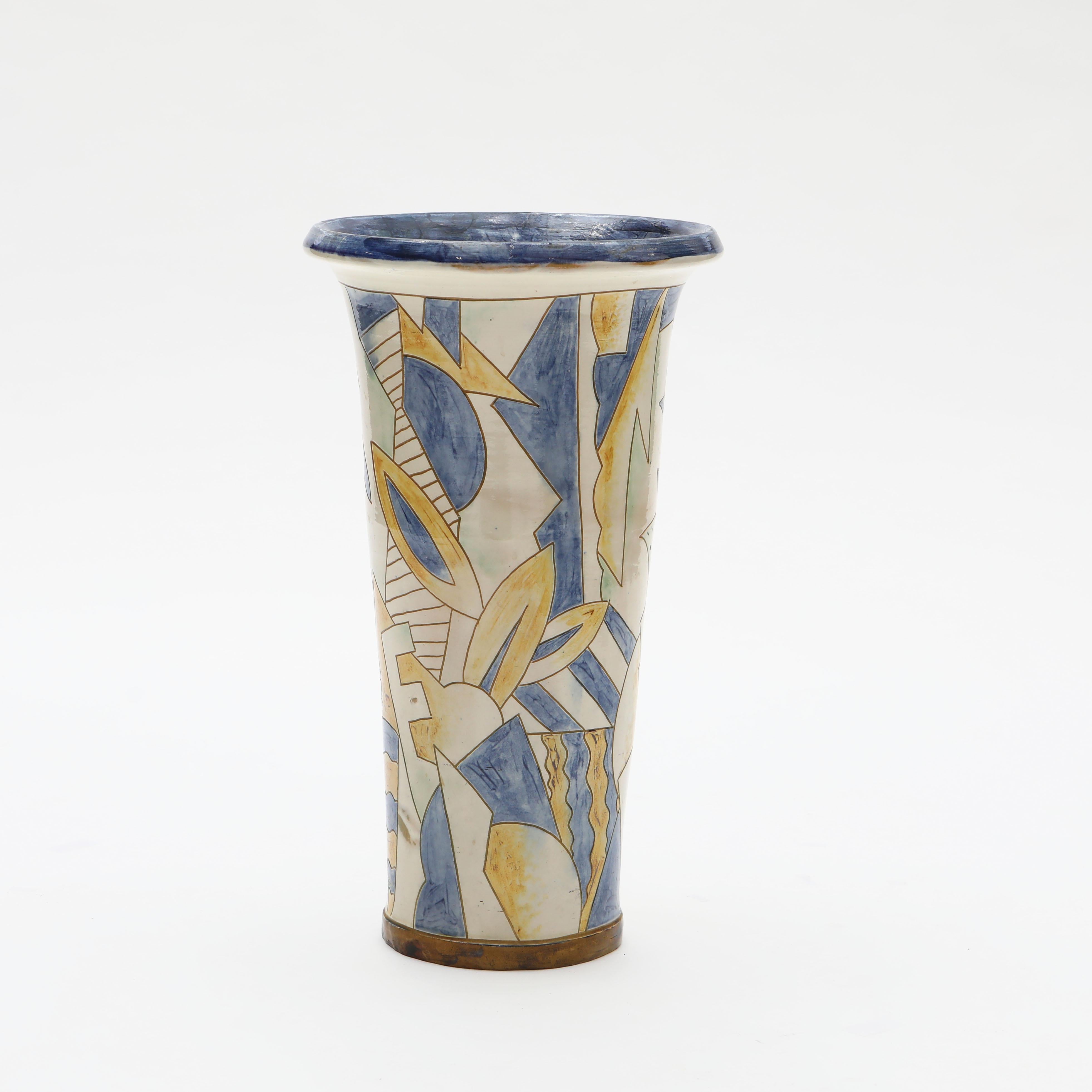 Danish Ceramic Floor Vase, by Grimstrup, Signed E.J, 1937 – Abstract Cubist Design For Sale
