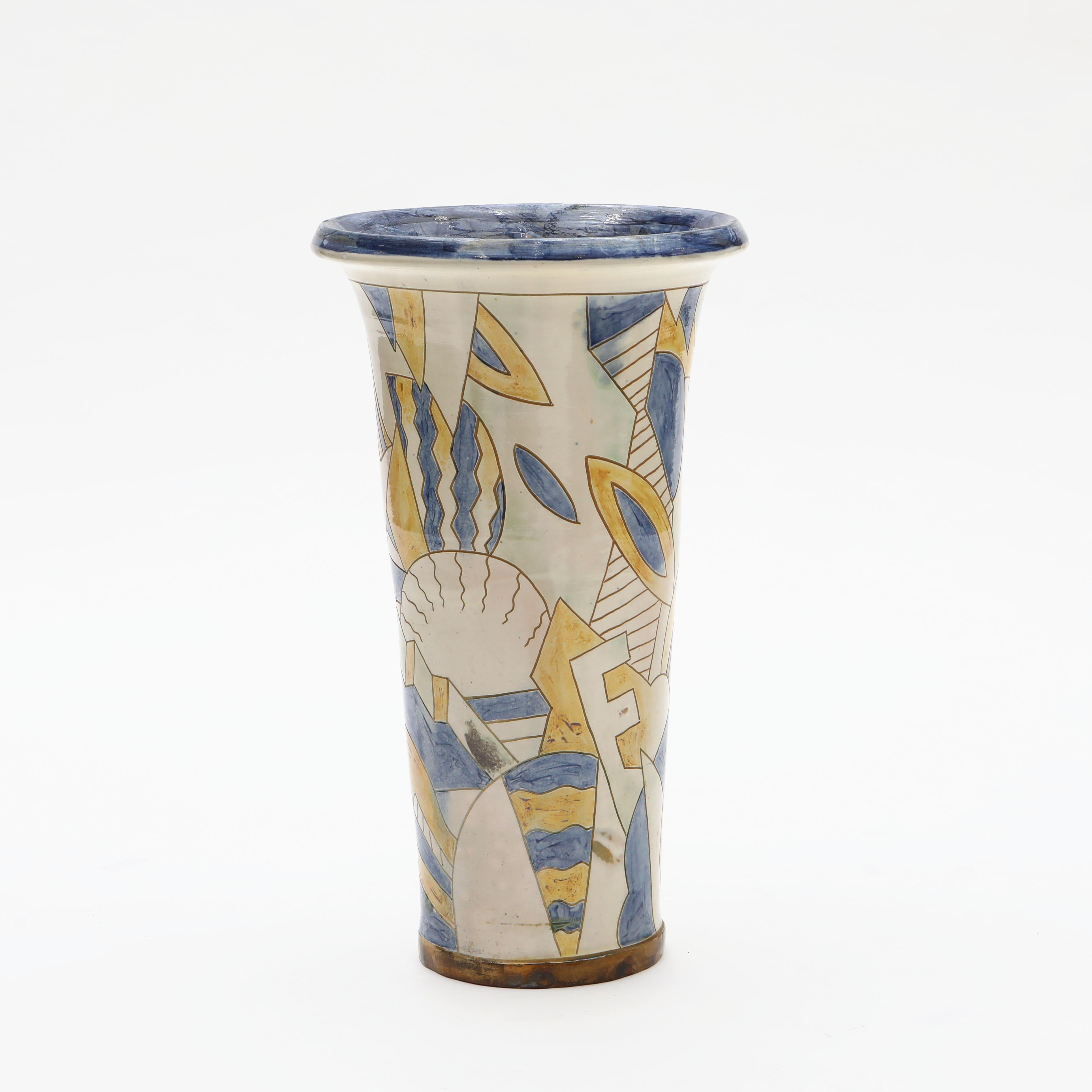 Glazed Ceramic Floor Vase, by Grimstrup, Signed E.J, 1937 – Abstract Cubist Design For Sale