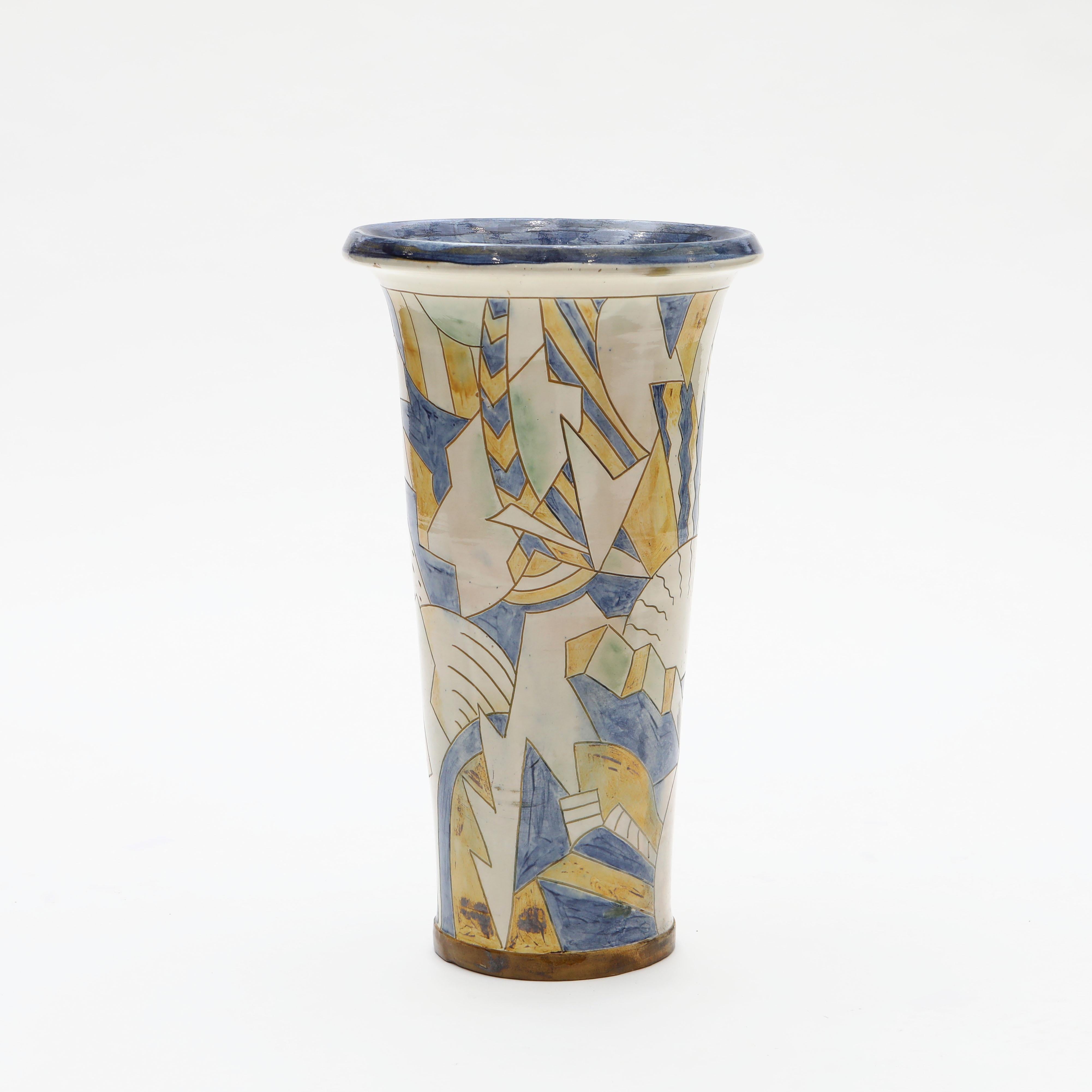 Ceramic Floor Vase, by Grimstrup, Signed E.J, 1937 – Abstract Cubist Design In Good Condition For Sale In Kastrup, DK