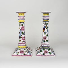 Ceramic Floral Painted Portuguese Candlesticks in Pink and Green, a Pair