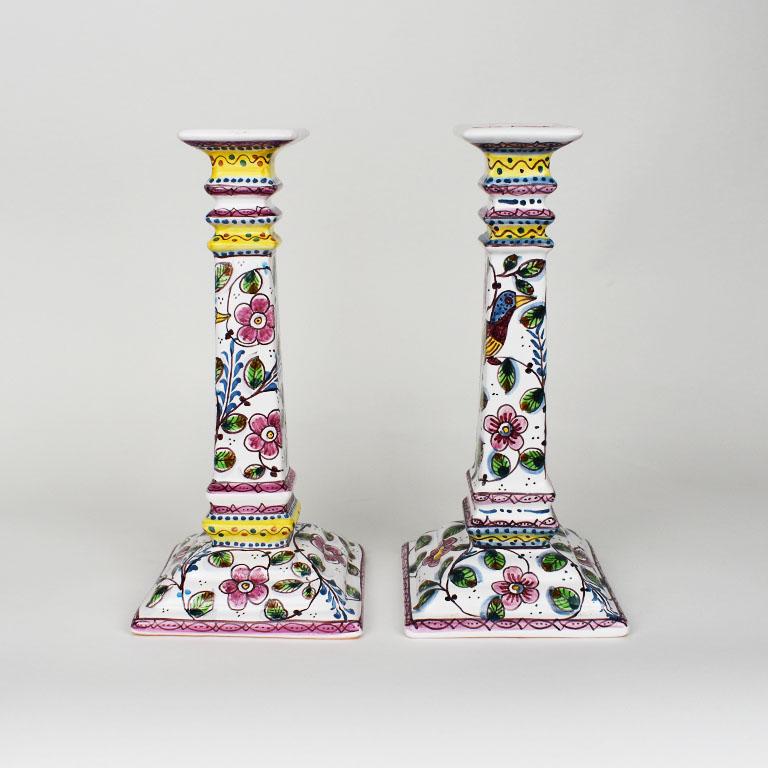 Ceramic Floral Painted Portuguese Candlesticks in Pink and Green, a