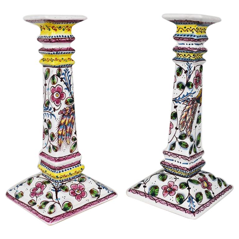Ceramic Floral Painted Portuguese Candlesticks in Pink and Green, a
