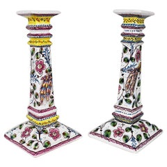 Ceramic Floral Painted Portuguese Candlesticks in Pink and Green, a Pair