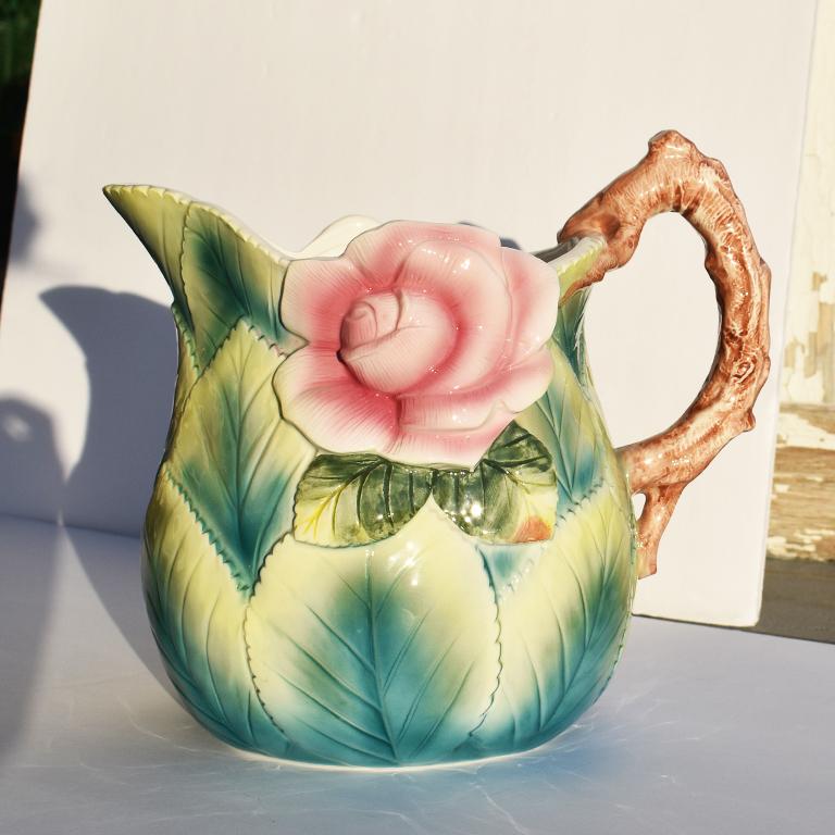 North American Bohemian Ceramic Floral Water Pitcher in Pink and Green For Sale