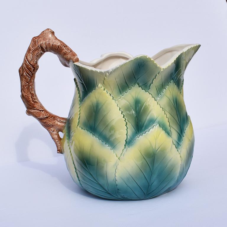 Bohemian Ceramic Floral Water Pitcher in Pink and Green In Good Condition For Sale In Oklahoma City, OK