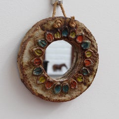 Ceramic Flower Motif Wall Mirror Attributed to La Roue Vallauris, circa 1960s