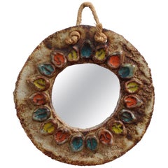 Ceramic Flower Motif Wall Mirror Attributed to La Roue Vallauris, circa 1960s