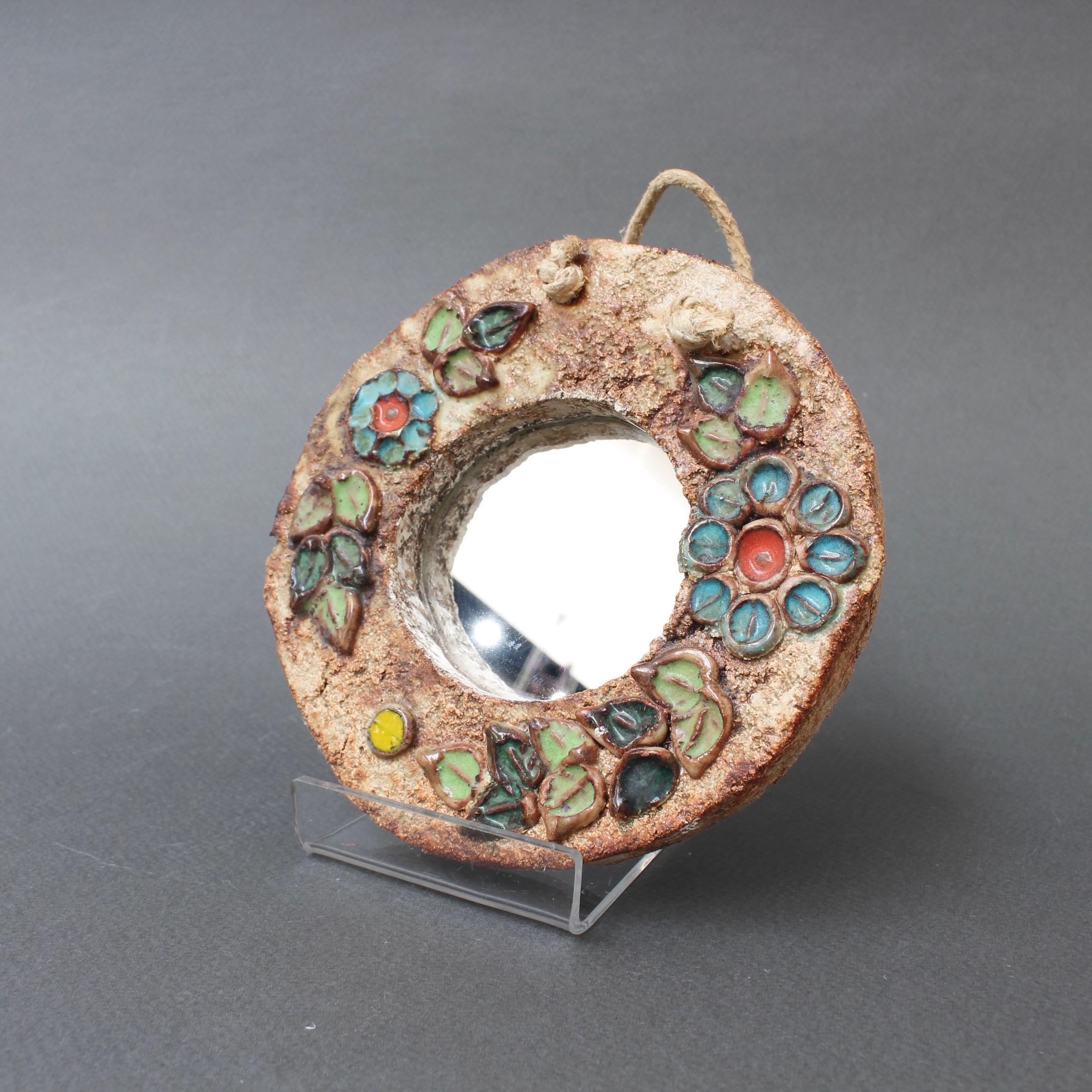 Mid-Century Modern Ceramic Flower Motif Wall Mirror by La Roue, Vallauris 'circa 1960s', Small