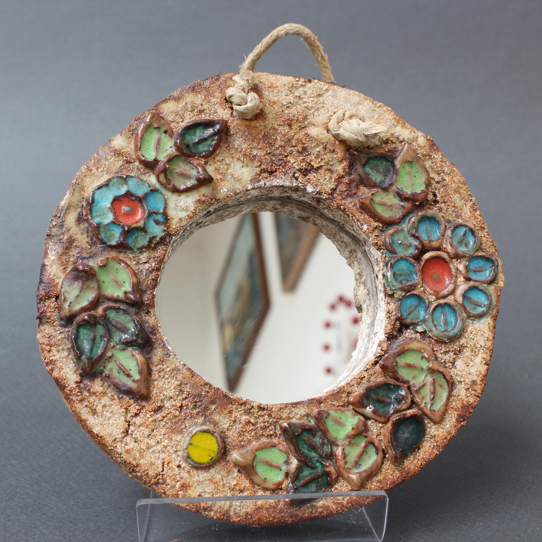 Mid-20th Century Ceramic Flower Motif Wall Mirror by La Roue, Vallauris 'circa 1960s', Small