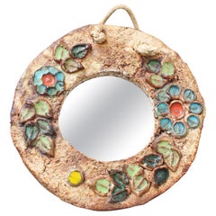 Vintage Ceramic Flower Motif Wall Mirror by La Roue, Vallauris 'circa 1960s', Small