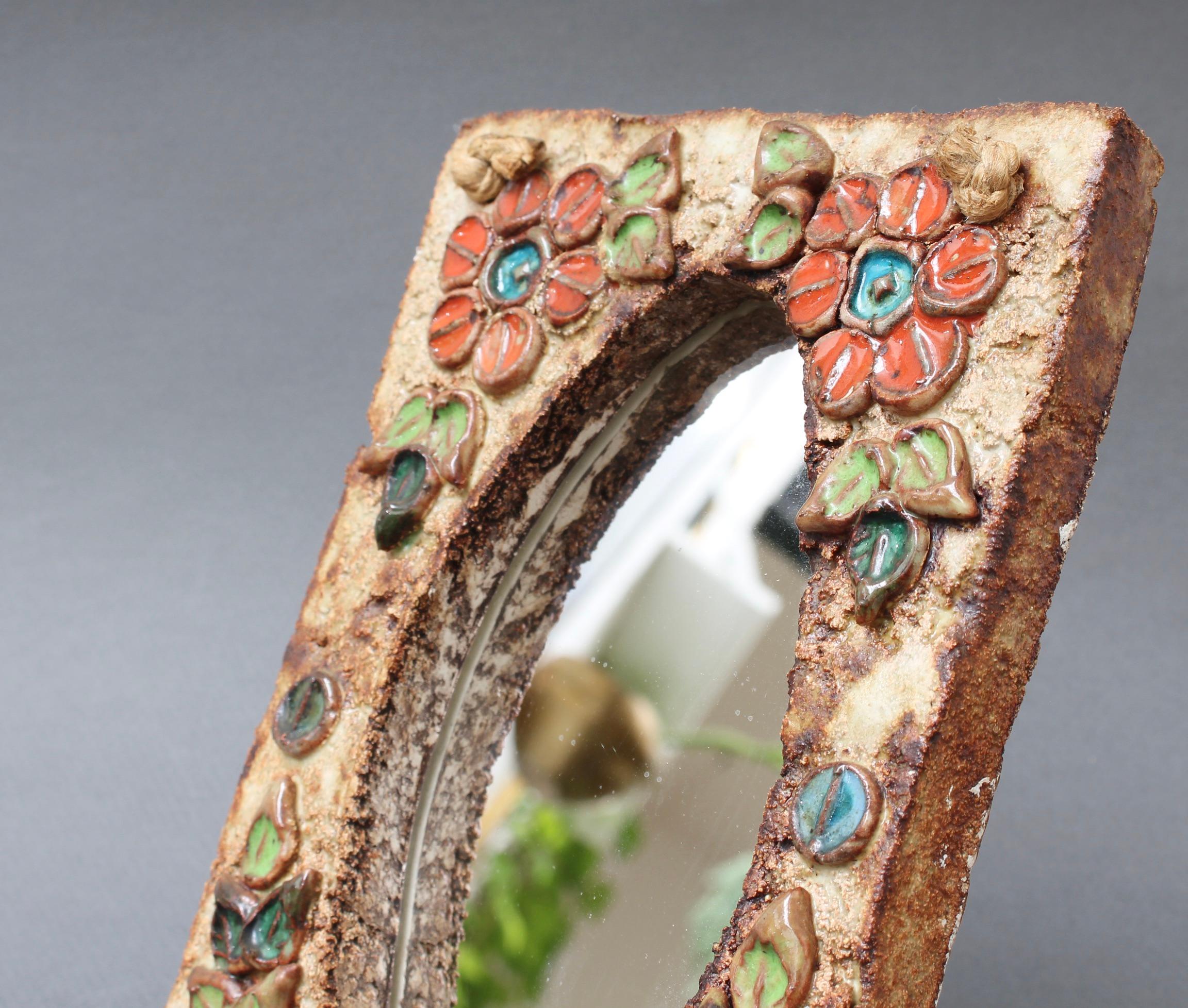 Ceramic Flower-Motif Wall Mirror by La Roue, Vallauris, France, circa 1960s 5