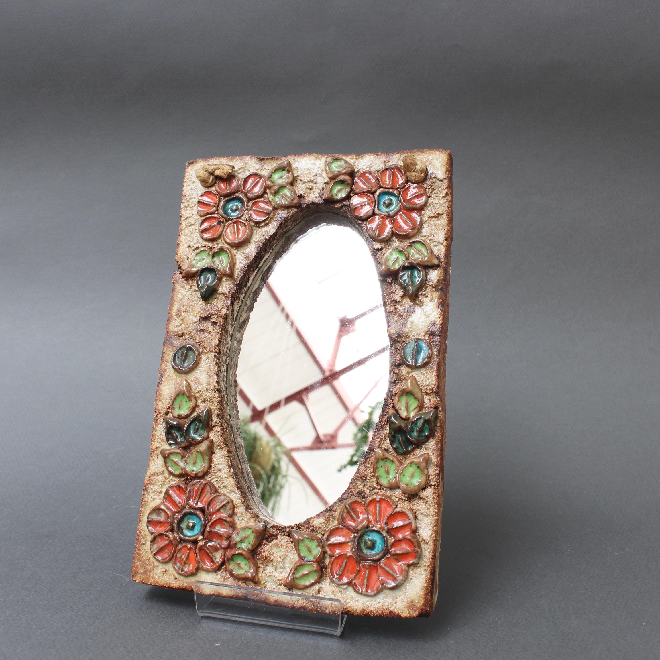 French Ceramic Flower-Motif Wall Mirror by La Roue, Vallauris, France, circa 1960s